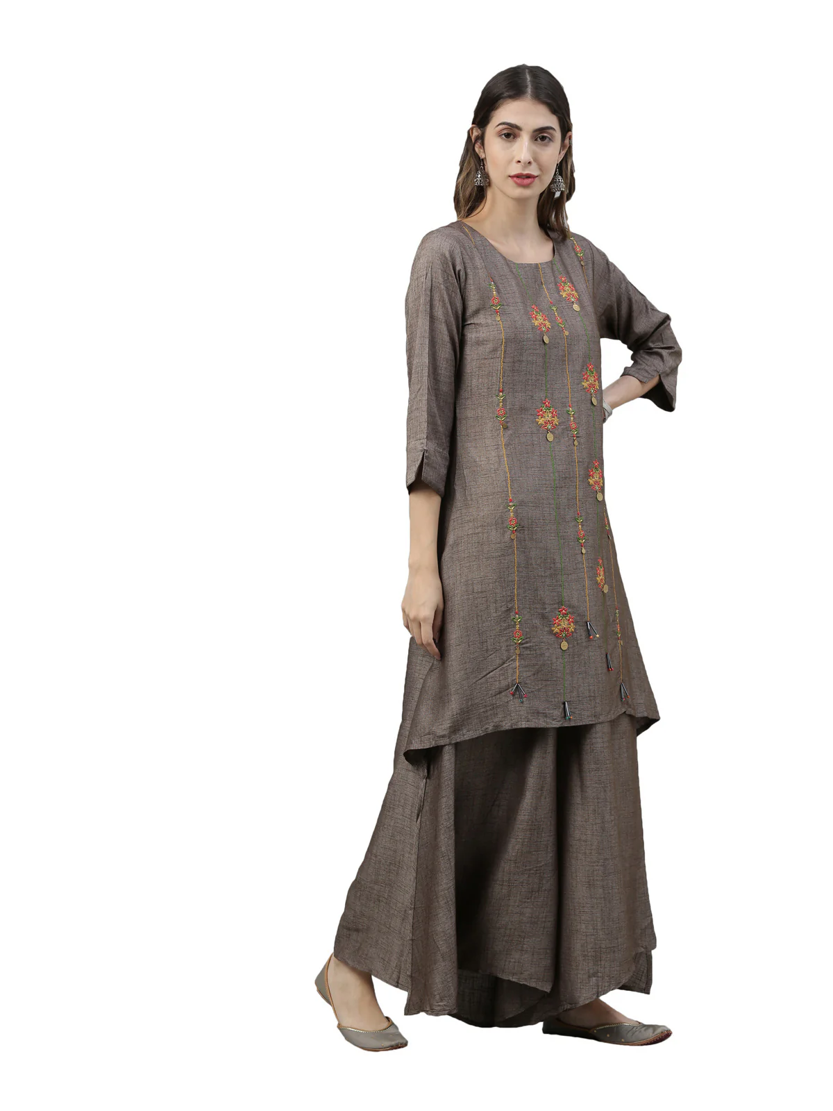 Neerus Women Grey Embroidered Kurta with Palazzos and Dupatta - Image 2
