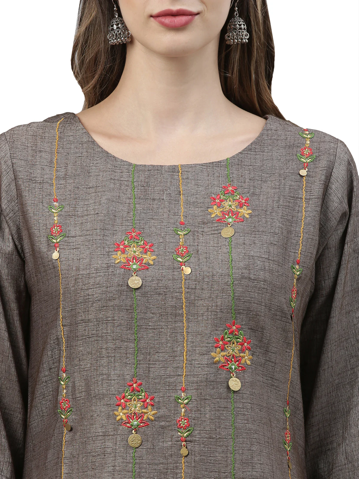 Neerus Women Grey Embroidered Kurta with Palazzos and Dupatta - Image 6
