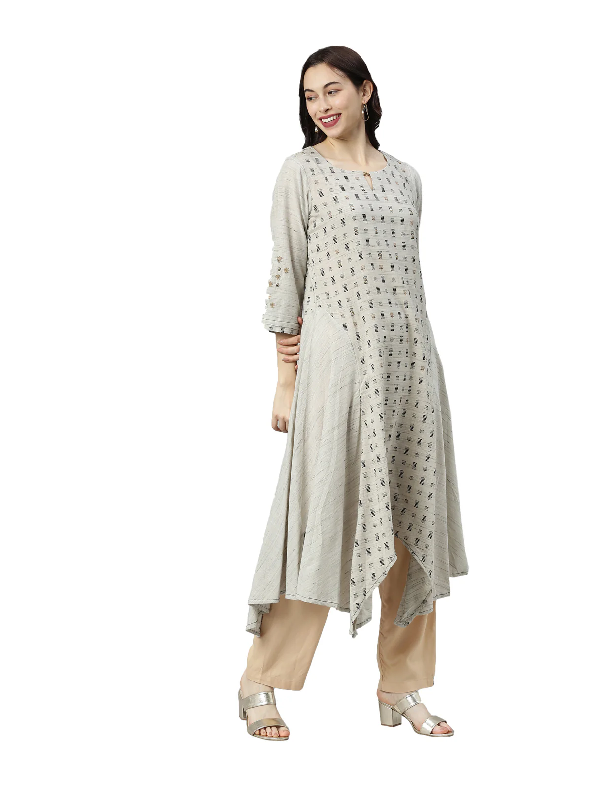 Neerus Women Grey Ethnic Motifs Printed Keyhole Neck Kurta - Image 3