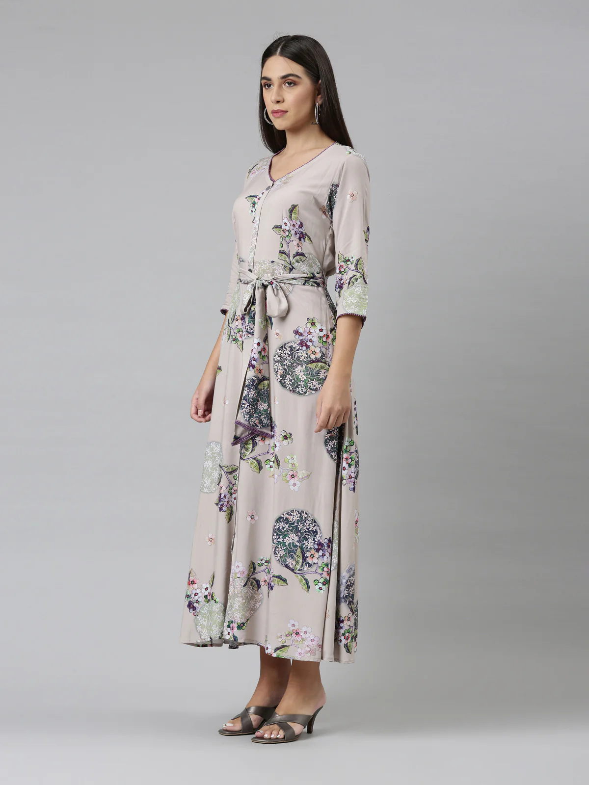 Neerus Women Grey Floral Ethnic Maxi Dress - Image 2
