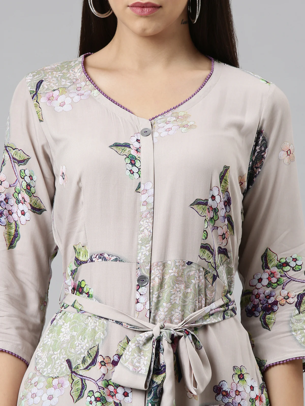 Neerus Women Grey Floral Ethnic Maxi Dress - Image 5