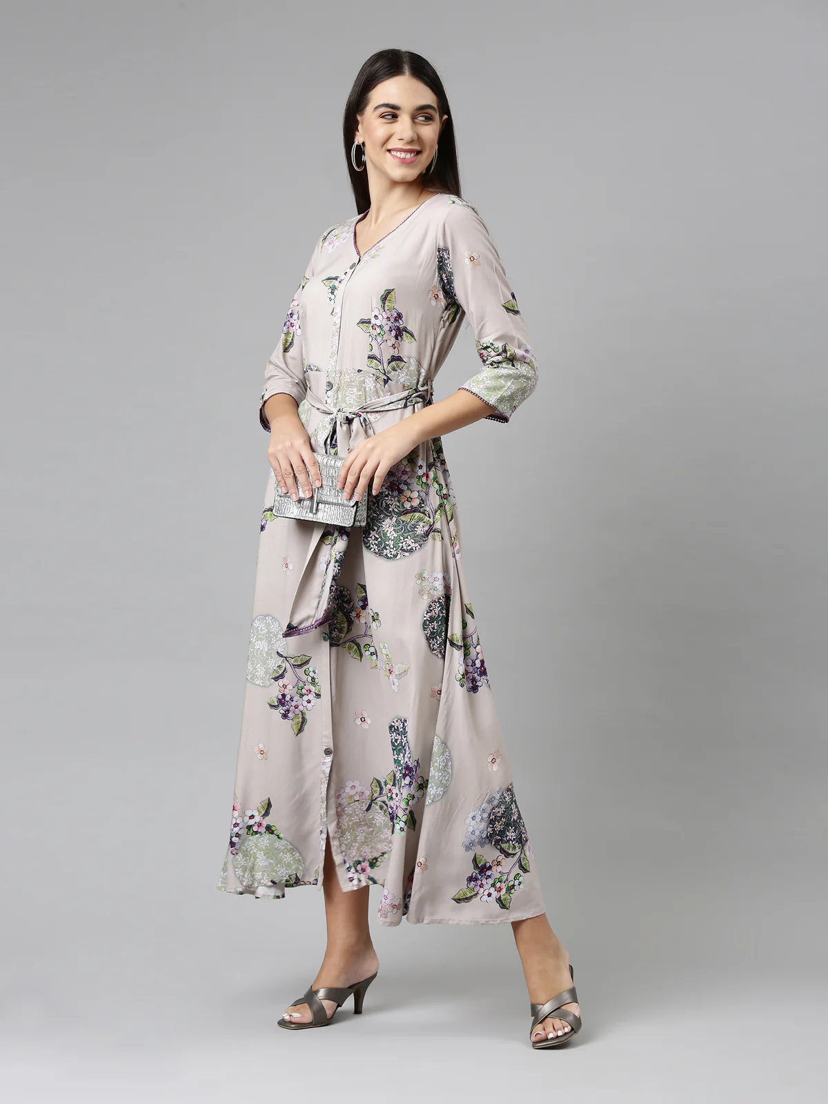 Neerus Women Grey Floral Ethnic Maxi Dress - Image 6