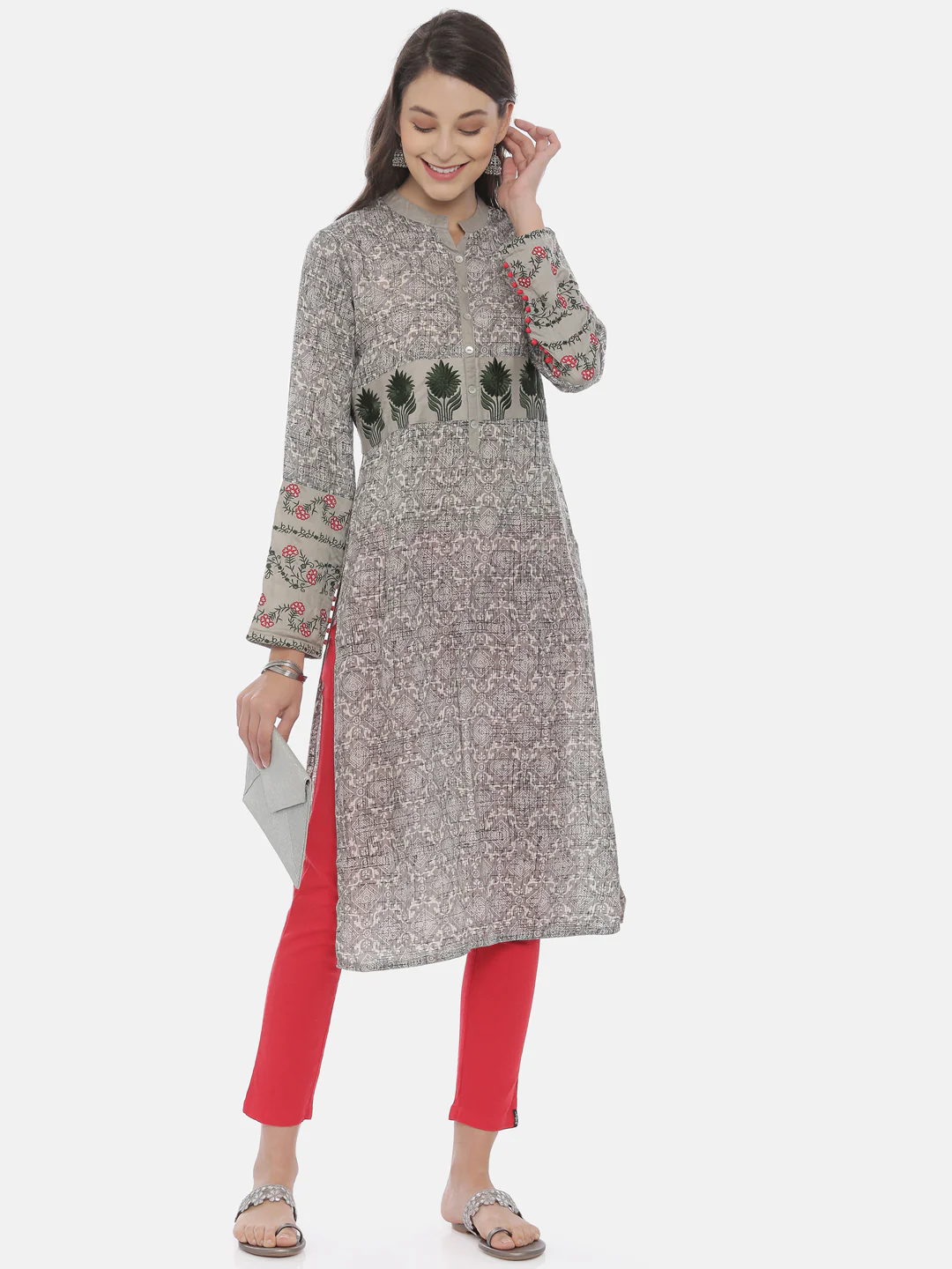 Neerus Women Grey Geomteric Print Straight Kurta - Image 5