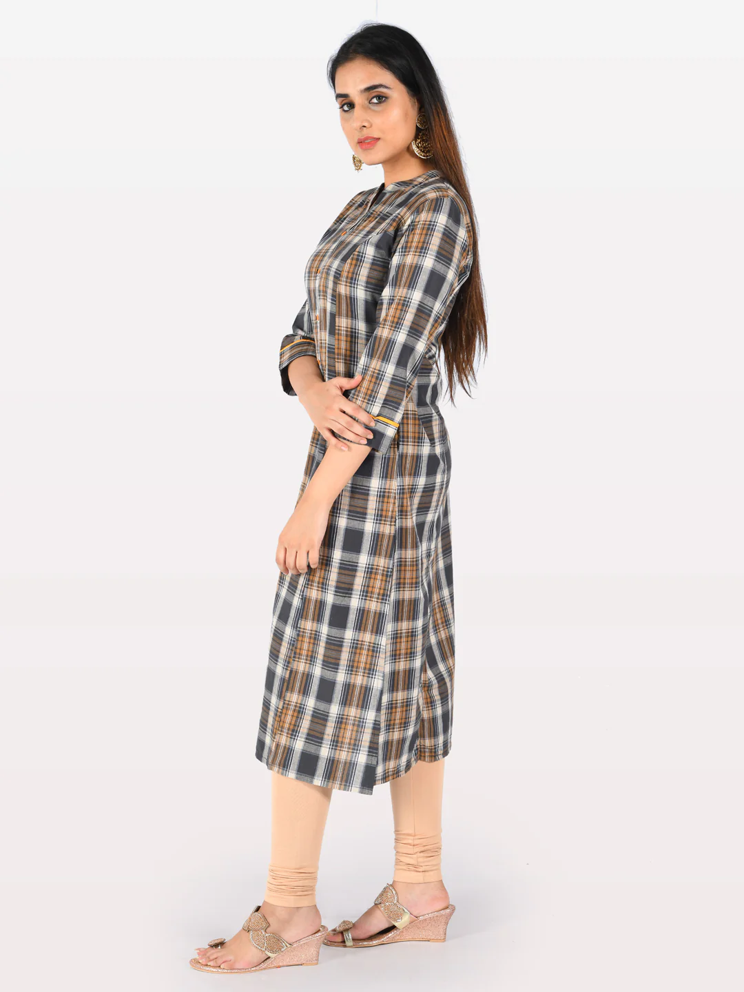 Neerus Women Grey Mustard Yellow Checked A-Line Kurta - Image 2