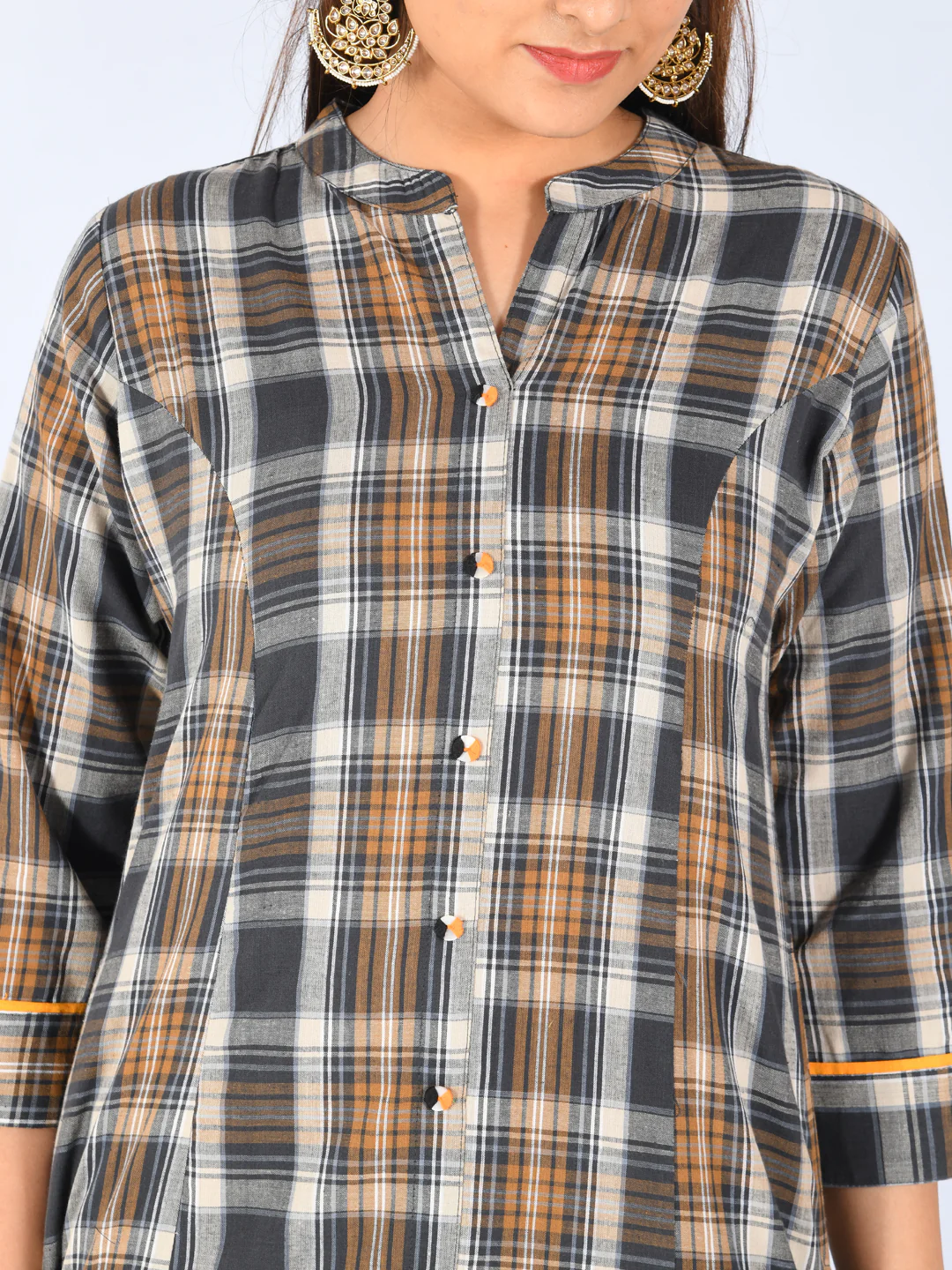 Neerus Women Grey Mustard Yellow Checked A-Line Kurta - Image 5