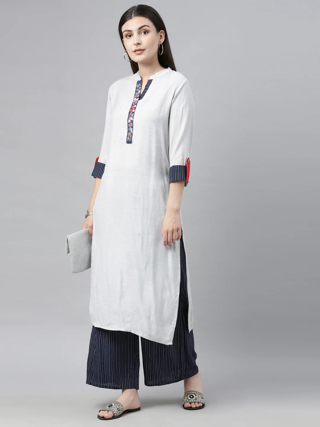 Neerus Women Grey Navy Blue Printed Kurta with Palazzos