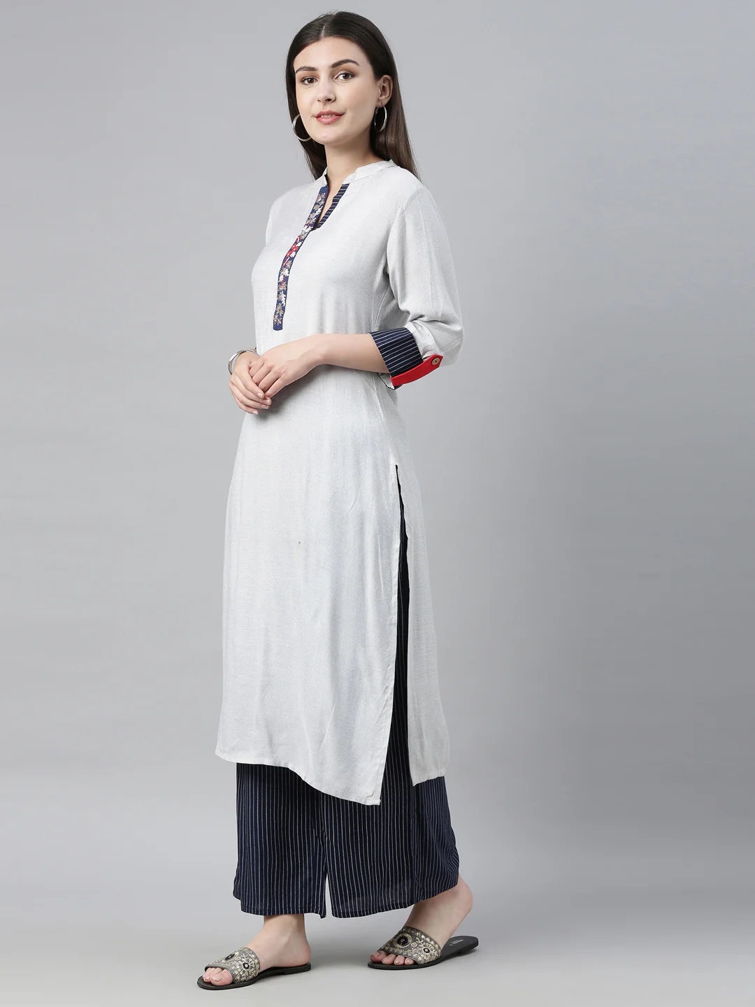 Neerus Women Grey Navy Blue Printed Kurta with Palazzos - Image 2