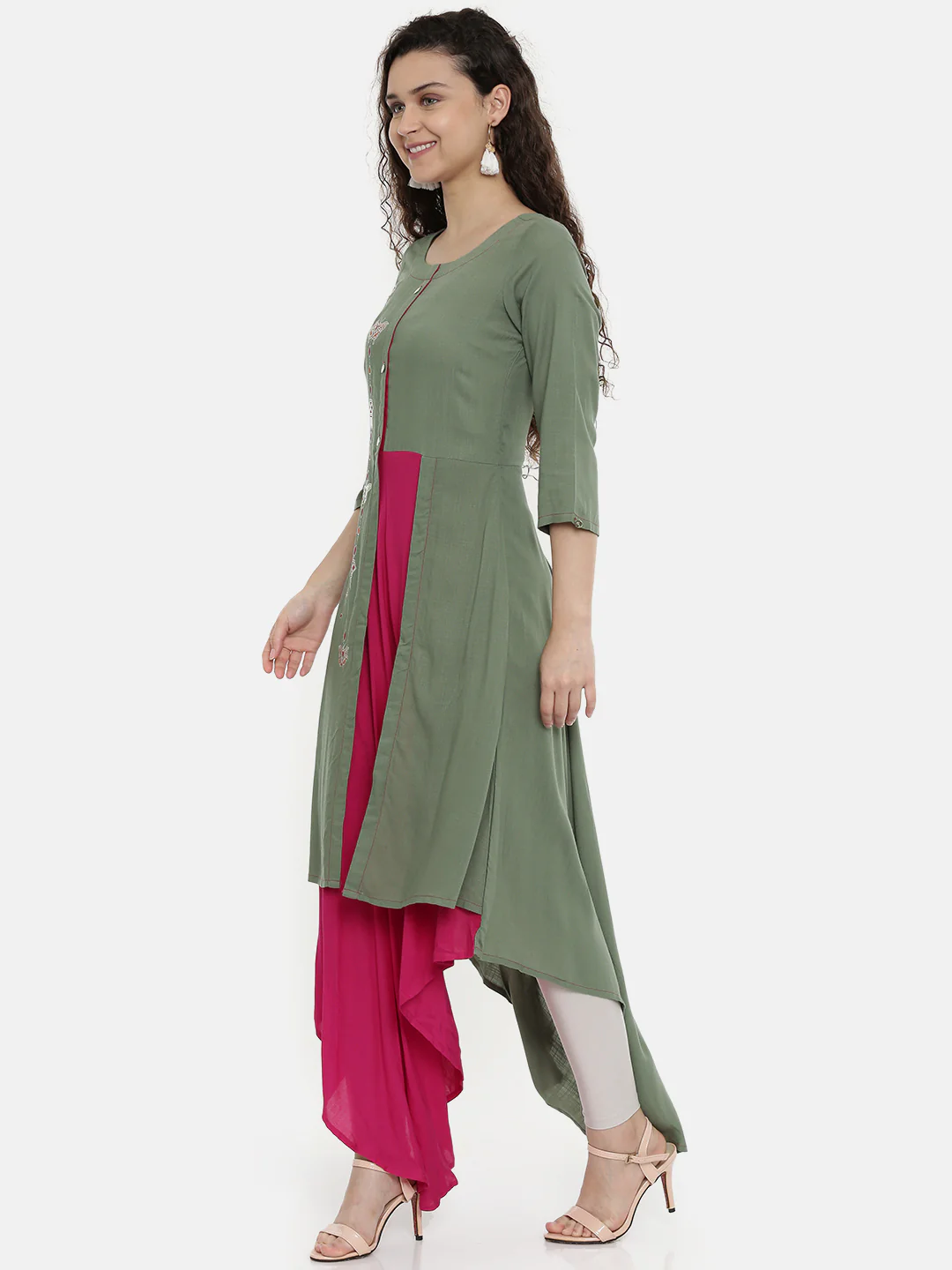 Neerus Women Grey Pink Printed A-Line Asymmetric Layered Kurta - Image 3