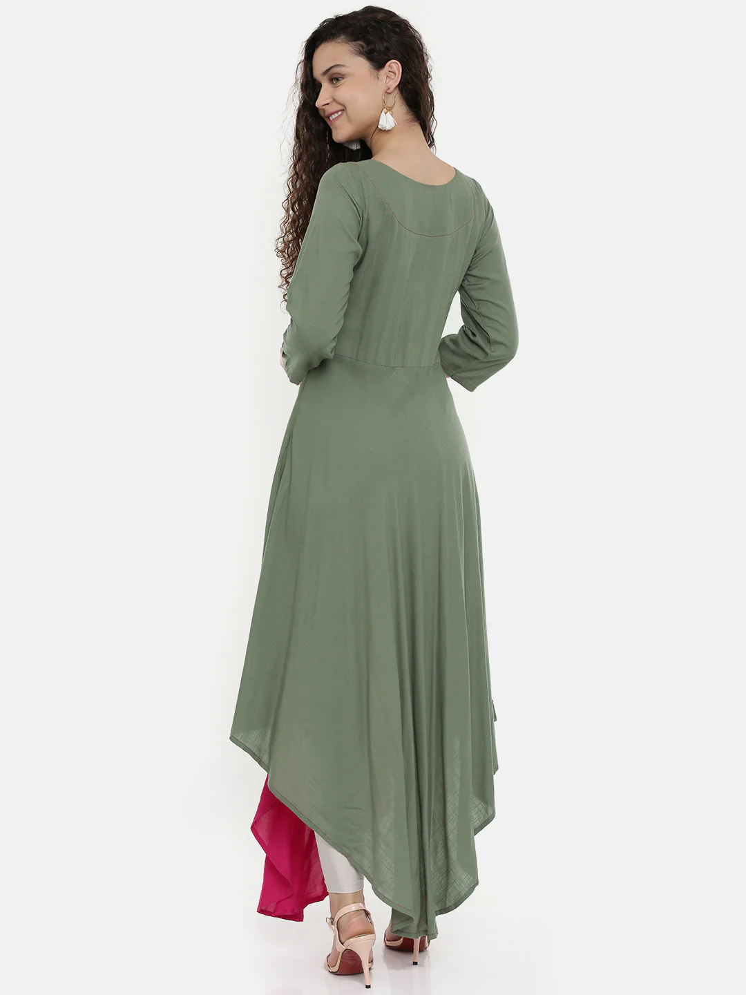 Neerus Women Grey Pink Printed A-Line Asymmetric Layered Kurta - Image 4