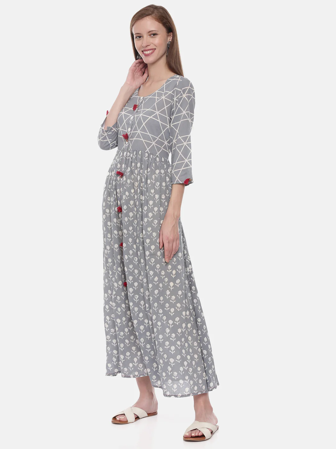 Neerus Women Grey Printed Anarkali Kurta - Image 2