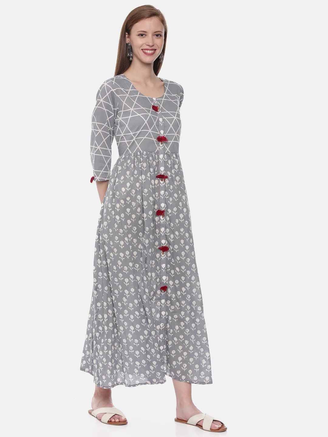 Neerus Women Grey Printed Anarkali Kurta - Image 3