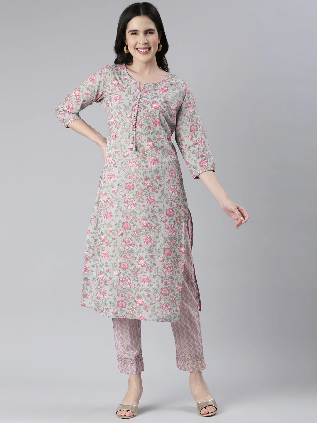 Neerus Women Grey Printed Calf Length Kurta And Trousers - Image 5