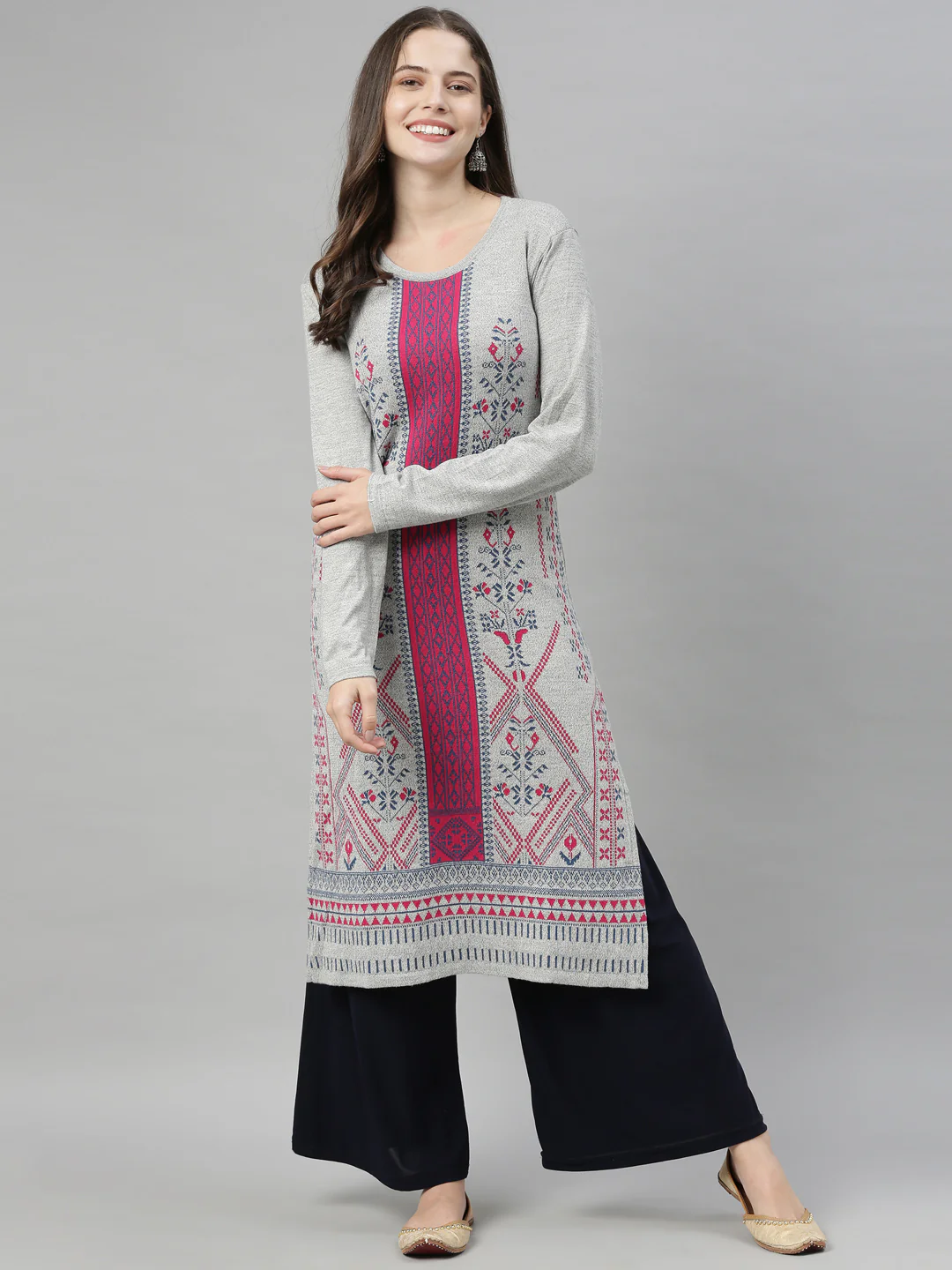 Neerus Women Grey Purple Geometric Printed Acrylic Knitted Kurta - Image 5