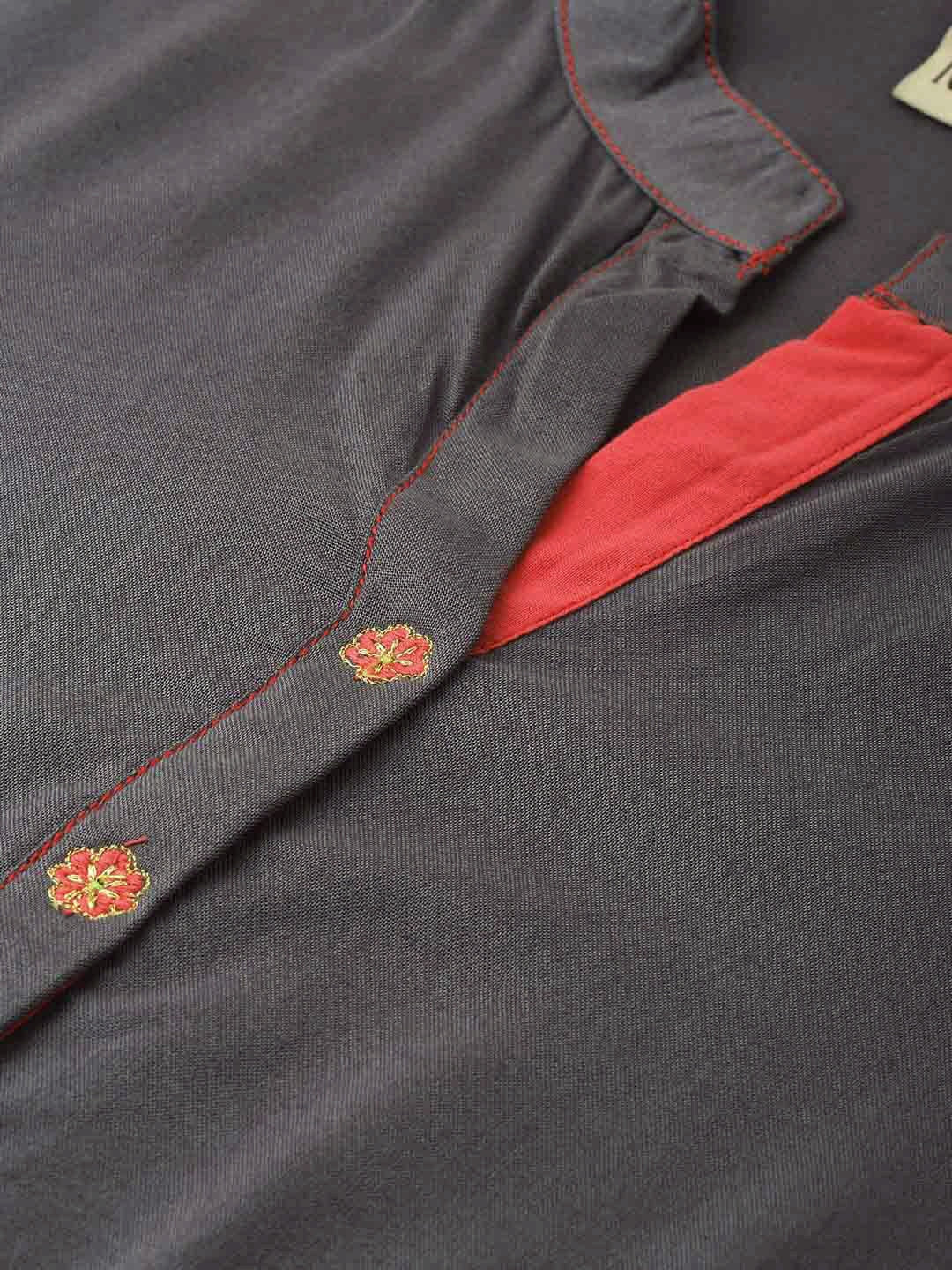 Neerus Women Grey Solid A-Line Kurta with Embroidery - Image 4