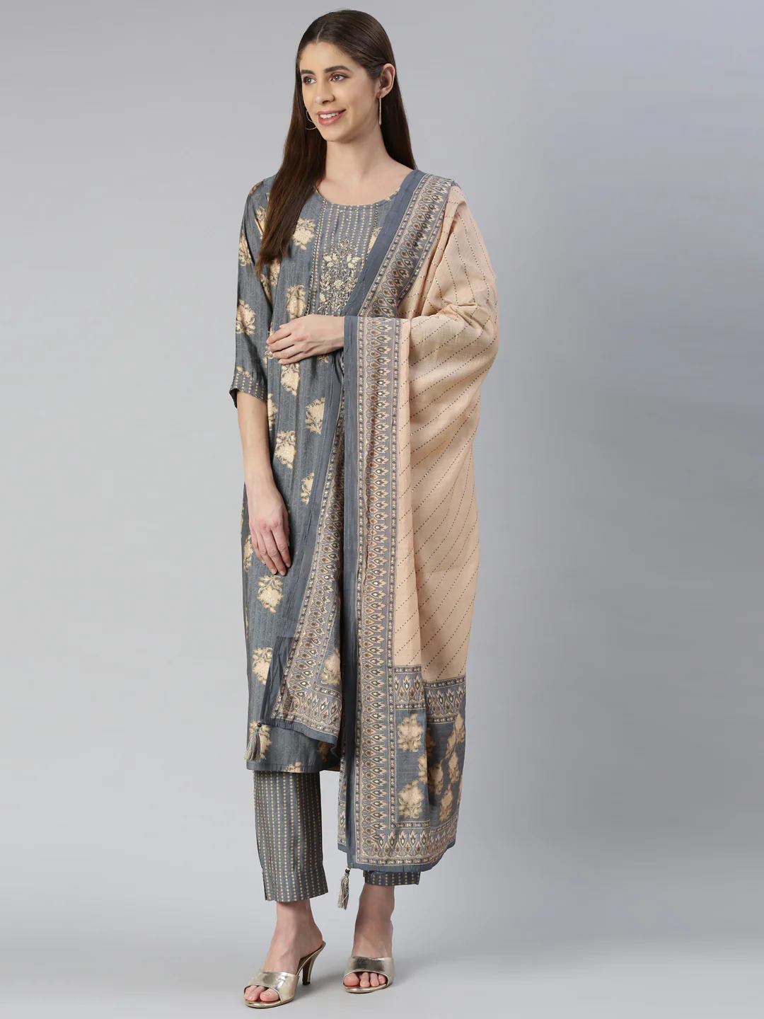Neerus Women Grey Solid Calf Length Kurta And Trousers With Dupatta - Image 5