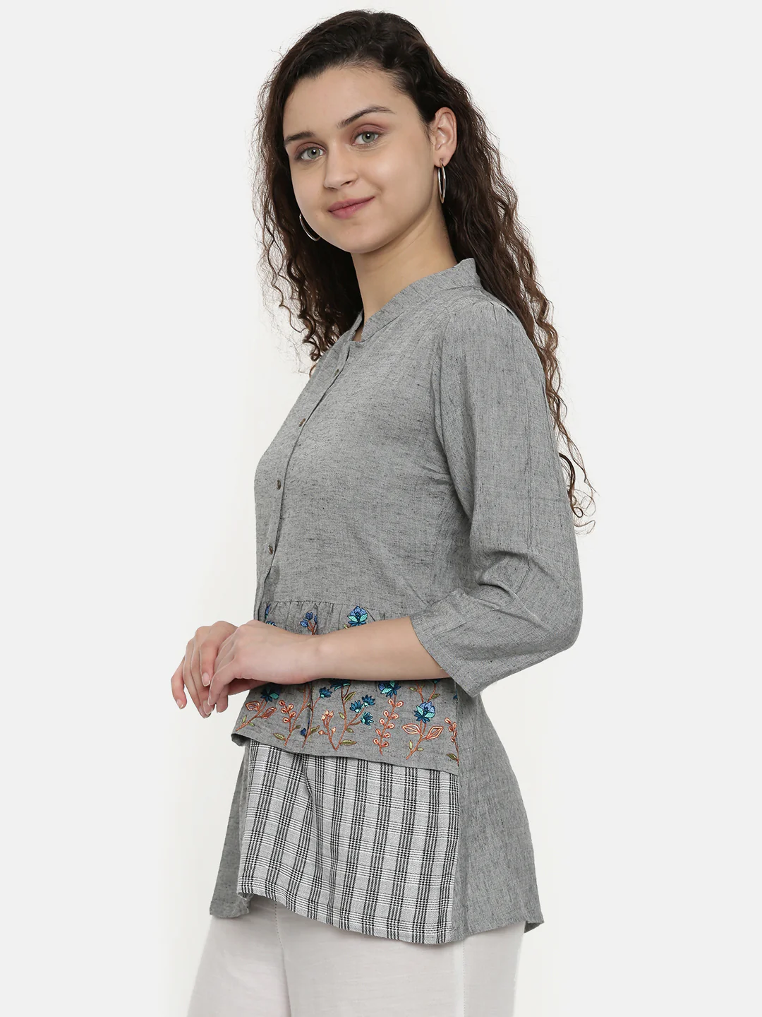 Neerus Women Grey Solid Tunic With Embroidered Detail - Image 4