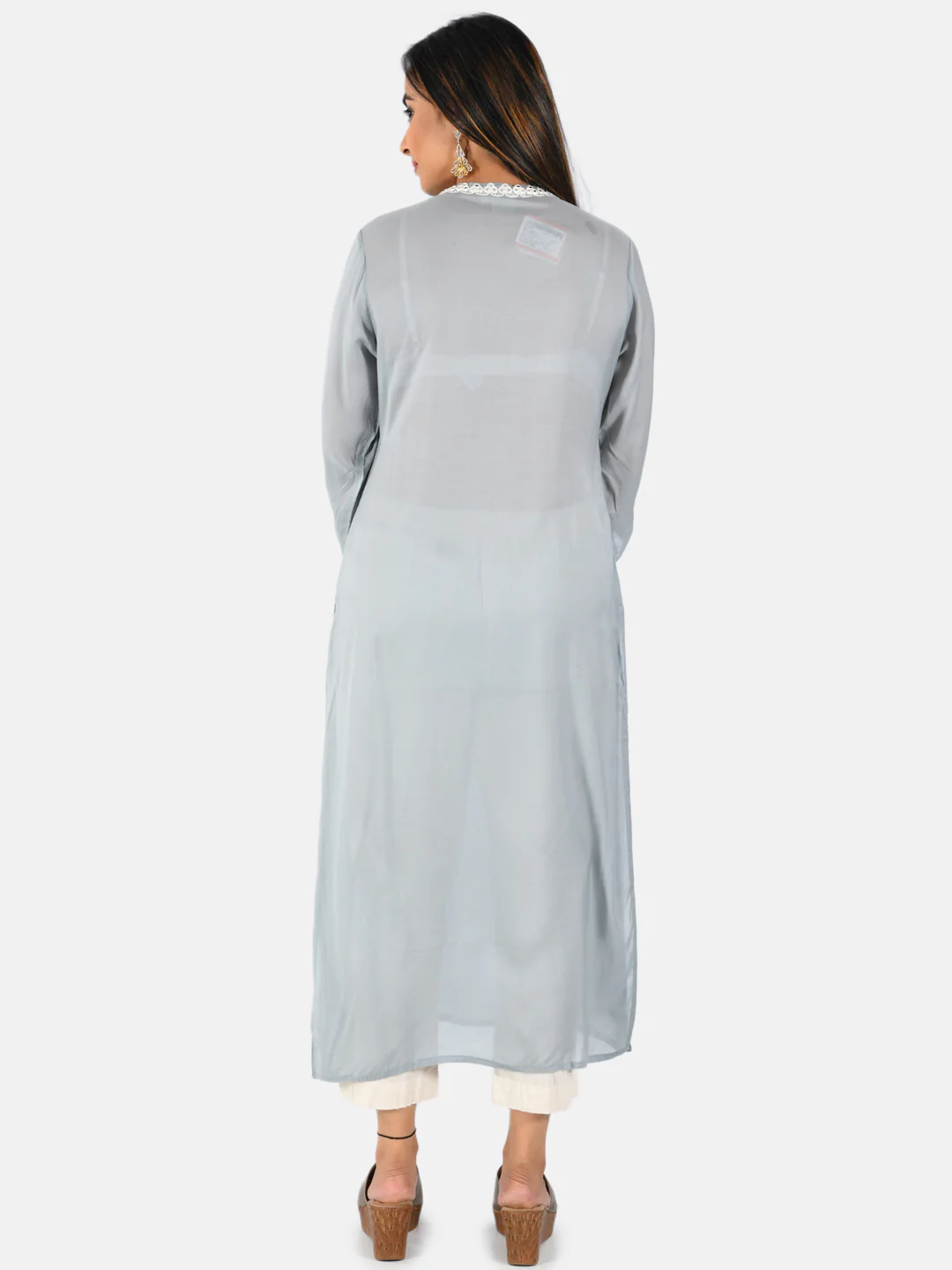 Neerus Women Grey  White Embroidered Yoke Design Straight Kurta With Mirror Work - Image 3