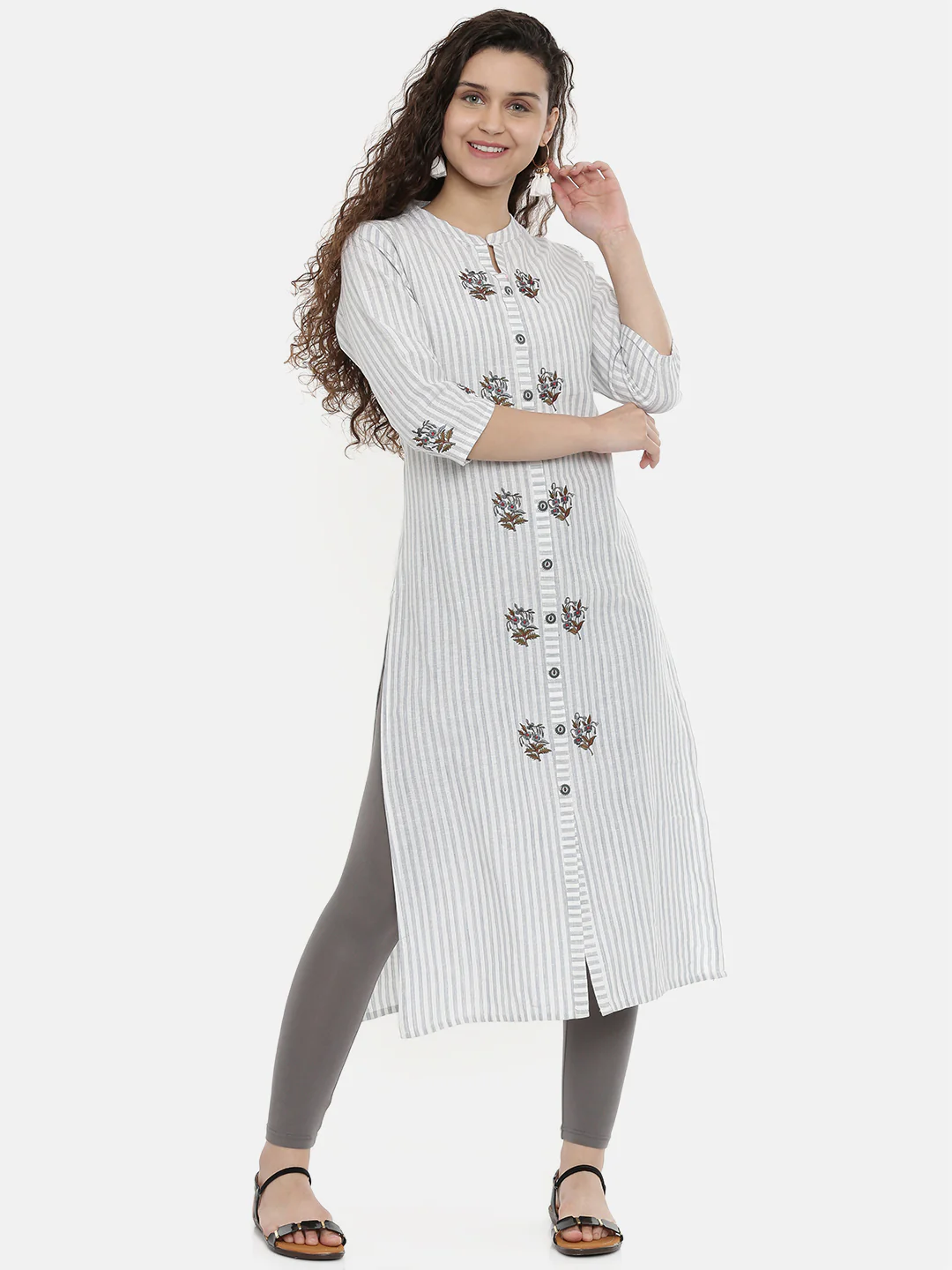 Neerus Women Grey White Striped A-Line Kurta With Embroidery Detail