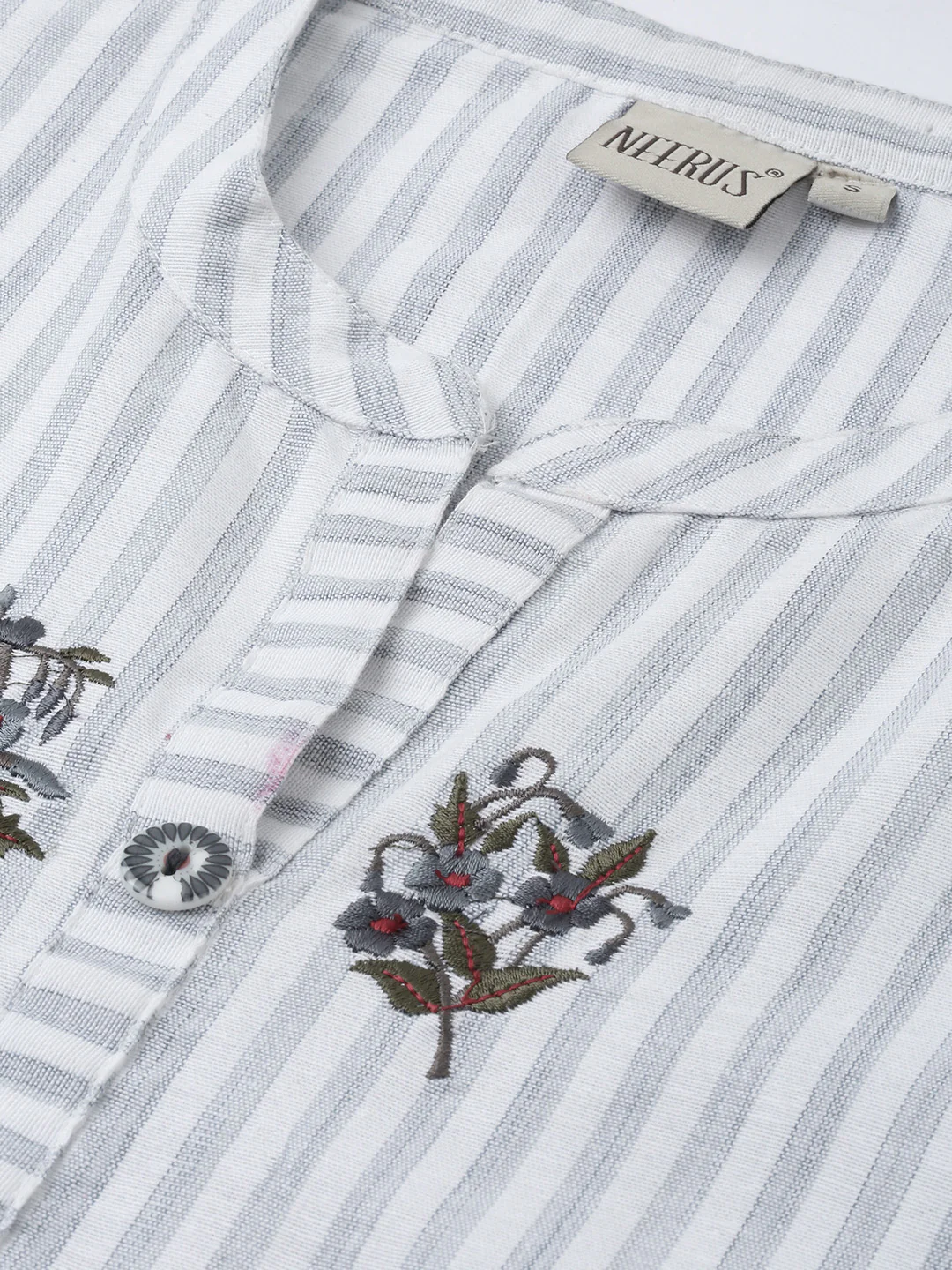 Neerus Women Grey White Striped A-Line Kurta With Embroidery Detail - Image 2