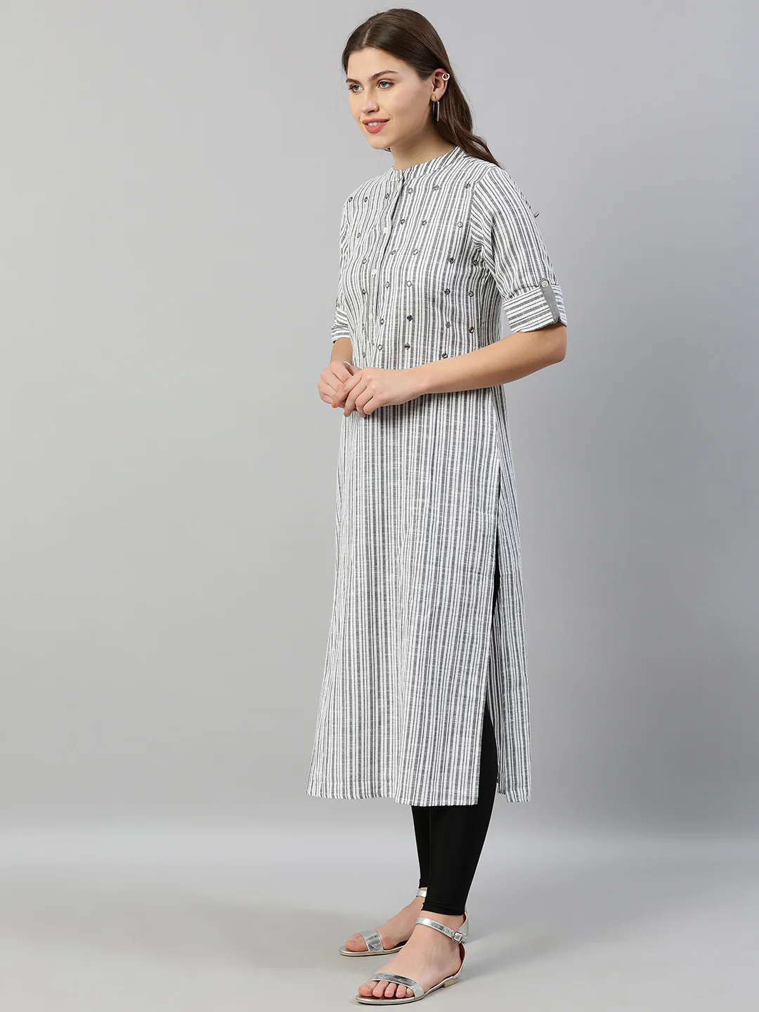 Neerus Women Grey White Striped Straight Kurta With Mirror Work - Image 4