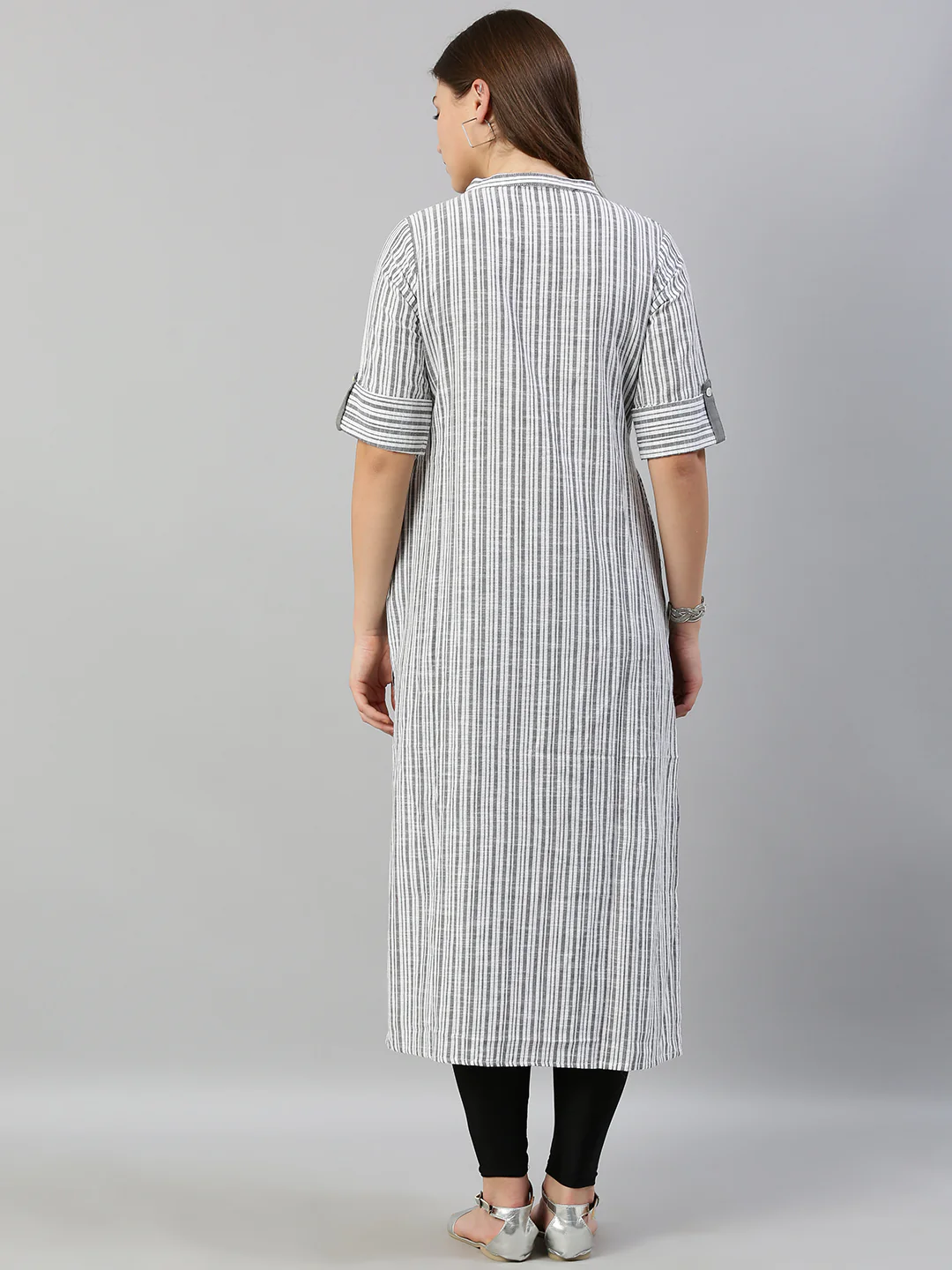 Neerus Women Grey White Striped Straight Kurta With Mirror Work - Image 5