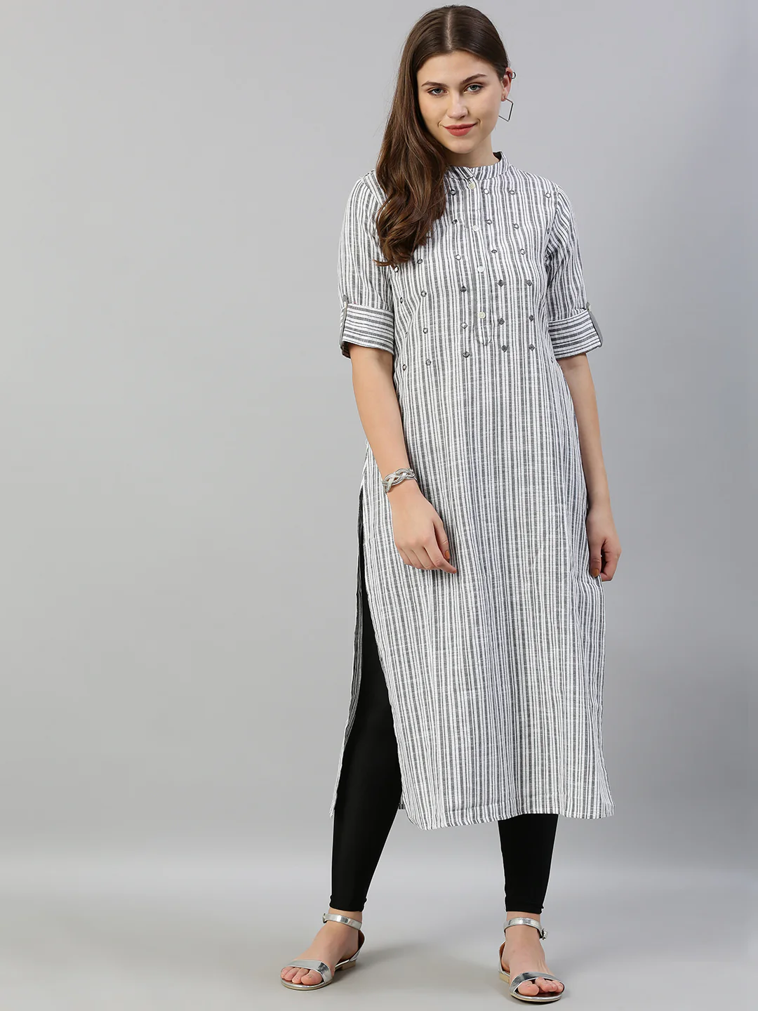 Neerus Women Grey White Striped Straight Kurta With Mirror Work - Image 6