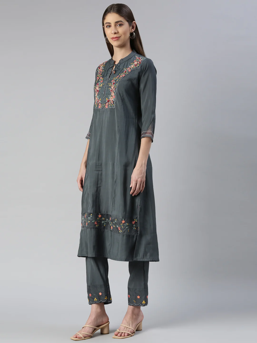 Neerus Women Grey Yoke Design Calf Length Kurta And Trousers With Dupatta - Image 2
