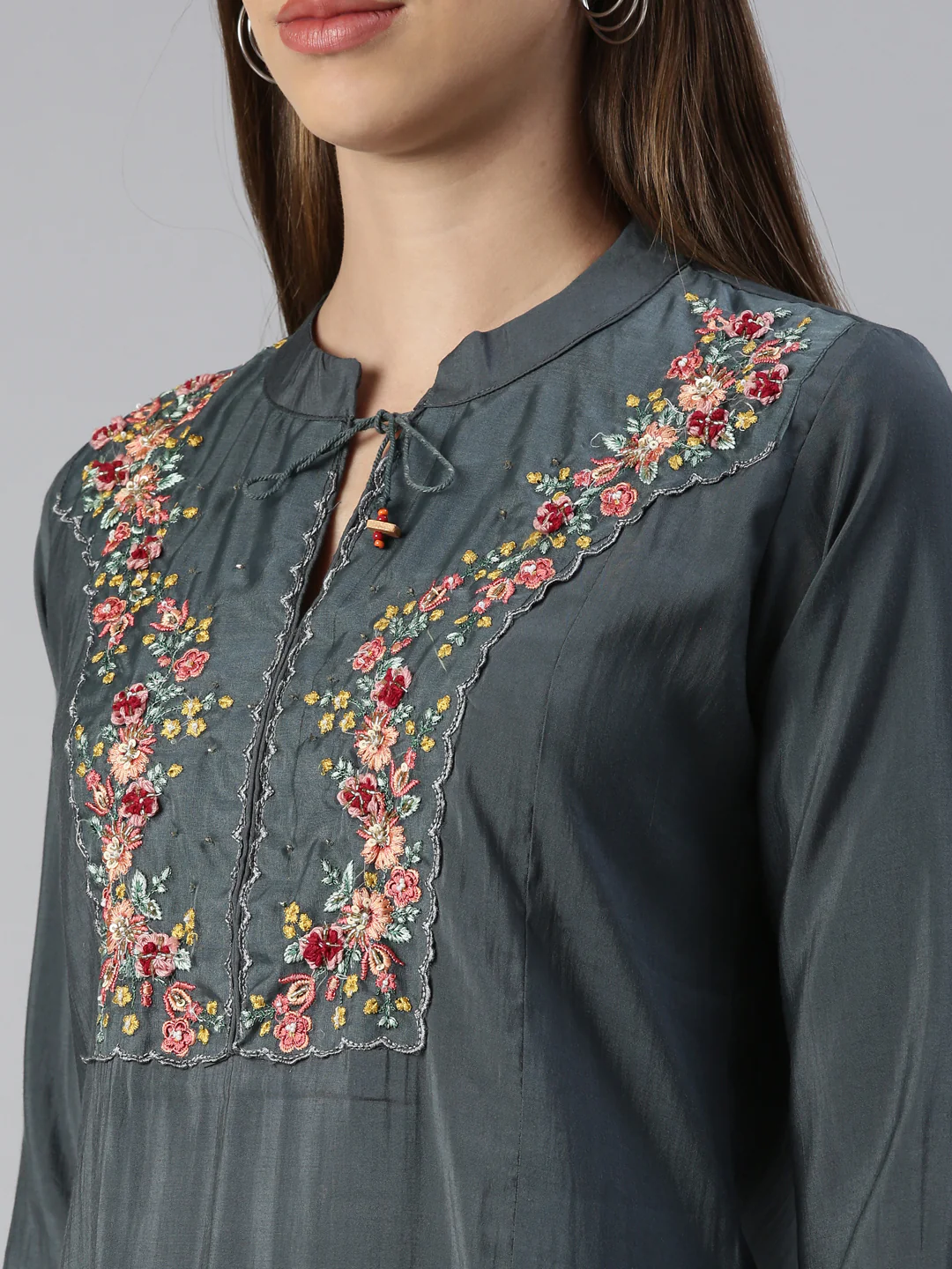 Neerus Women Grey Yoke Design Calf Length Kurta And Trousers With Dupatta - Image 4