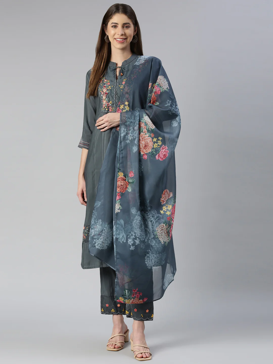 Neerus Women Grey Yoke Design Calf Length Kurta And Trousers With Dupatta - Image 5