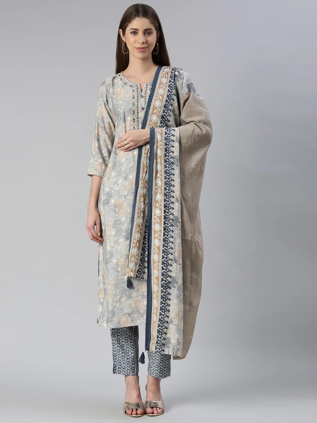 Neerus Women Indigo Printed Calf Length Kurta And Trousers With Dupatta