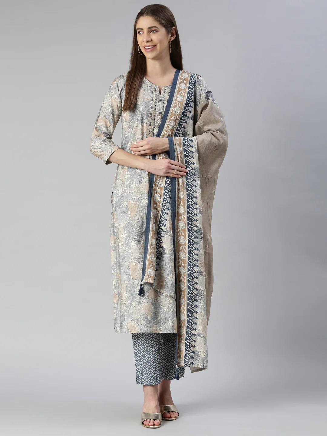 Neerus Women Indigo Printed Calf Length Kurta And Trousers With Dupatta - Image 5