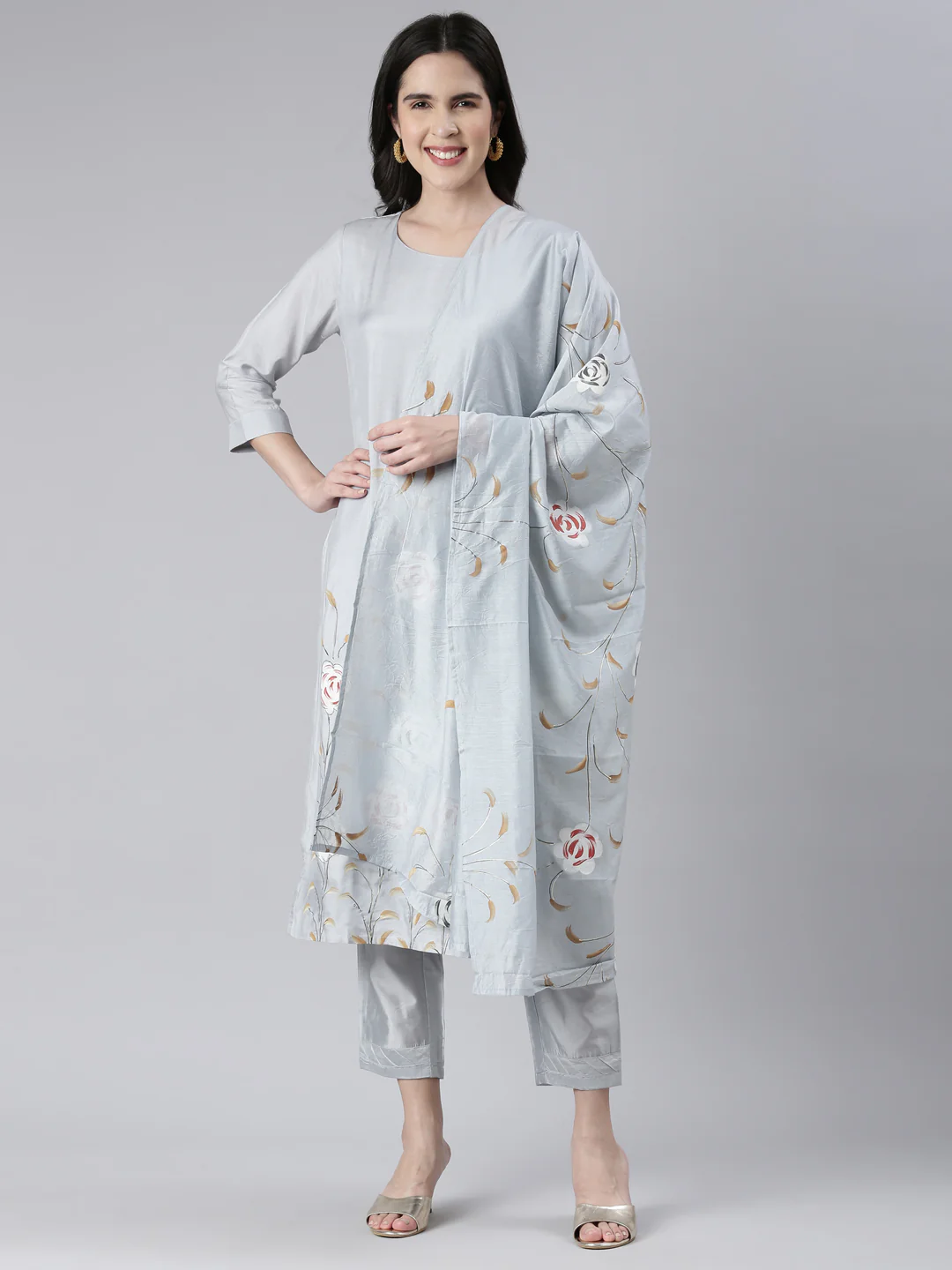 Neerus Women L Gray Printed Calf Length Kurta And Trousers With Dupatta