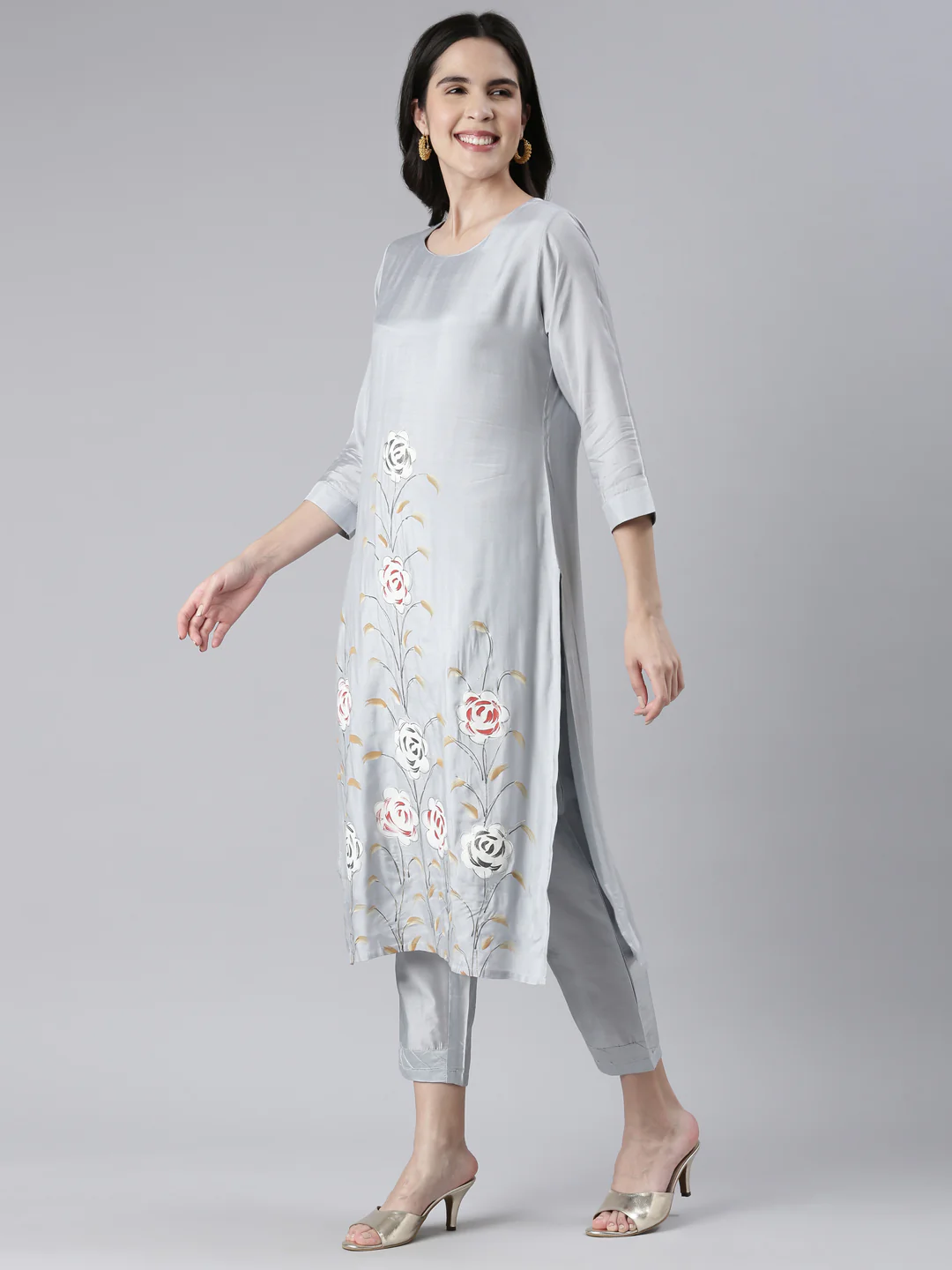 Neerus Women L Gray Printed Calf Length Kurta And Trousers With Dupatta - Image 2
