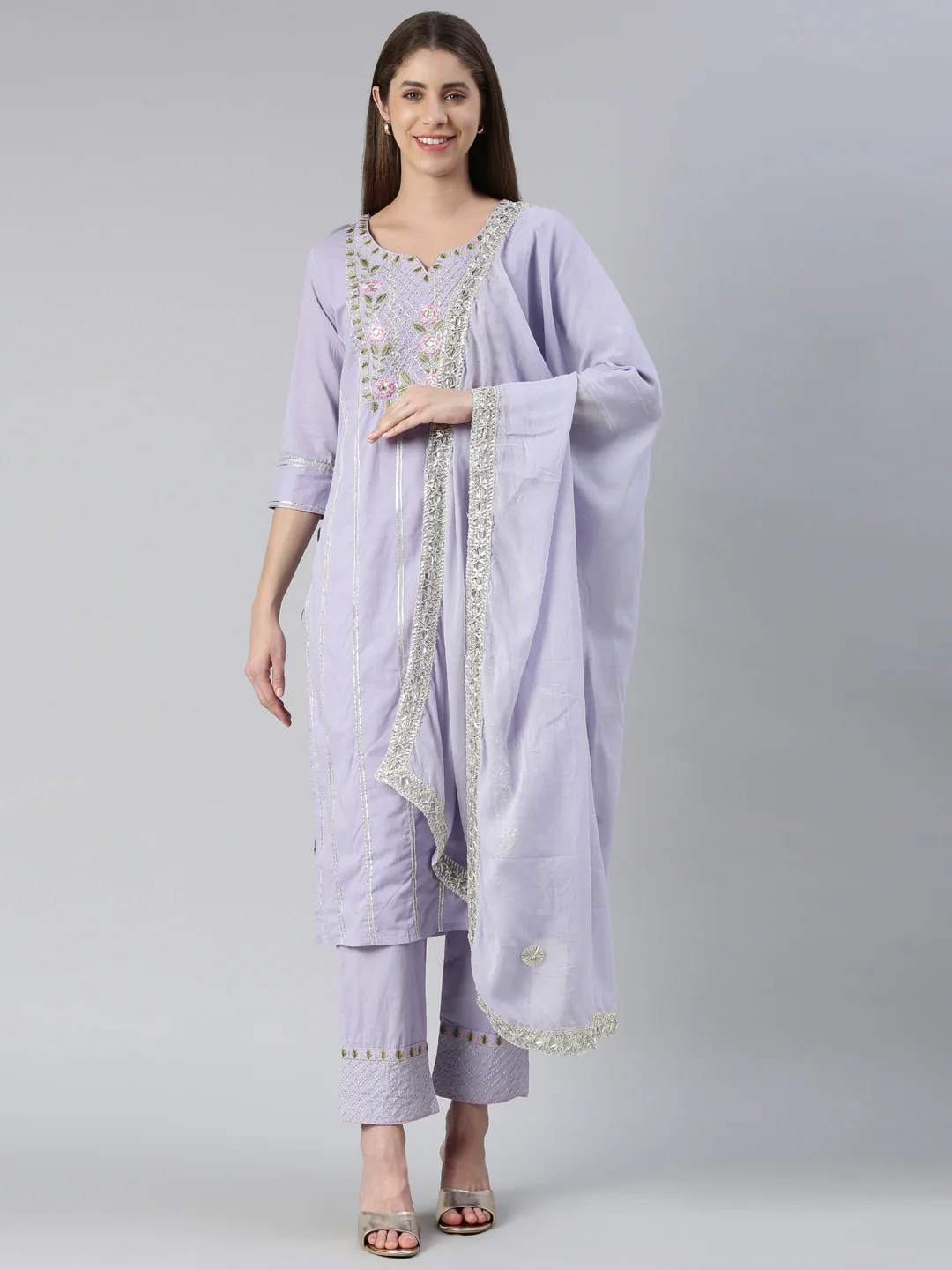 Neerus Women Lavender Yoke Design Calf Length Kurta And Trousers With Dupatta