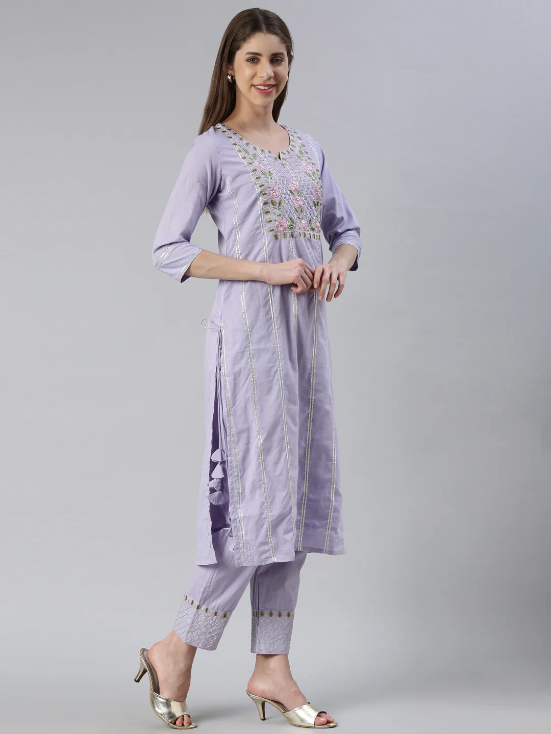 Neerus Women Lavender Yoke Design Calf Length Kurta And Trousers With Dupatta - Image 2