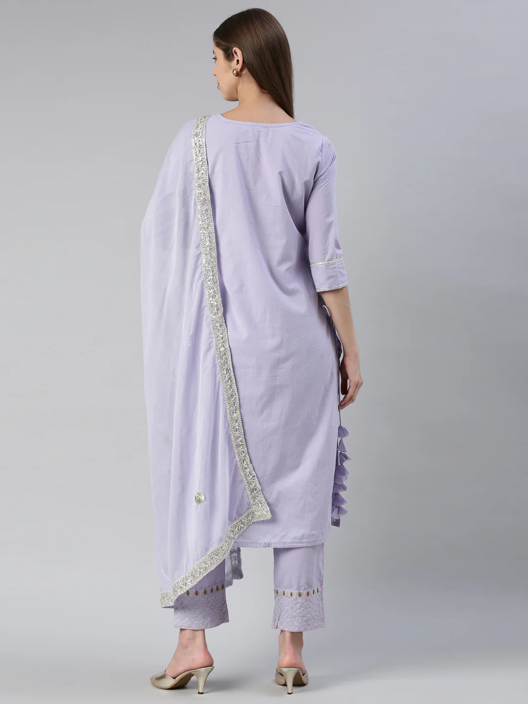 Neerus Women Lavender Yoke Design Calf Length Kurta And Trousers With Dupatta - Image 3