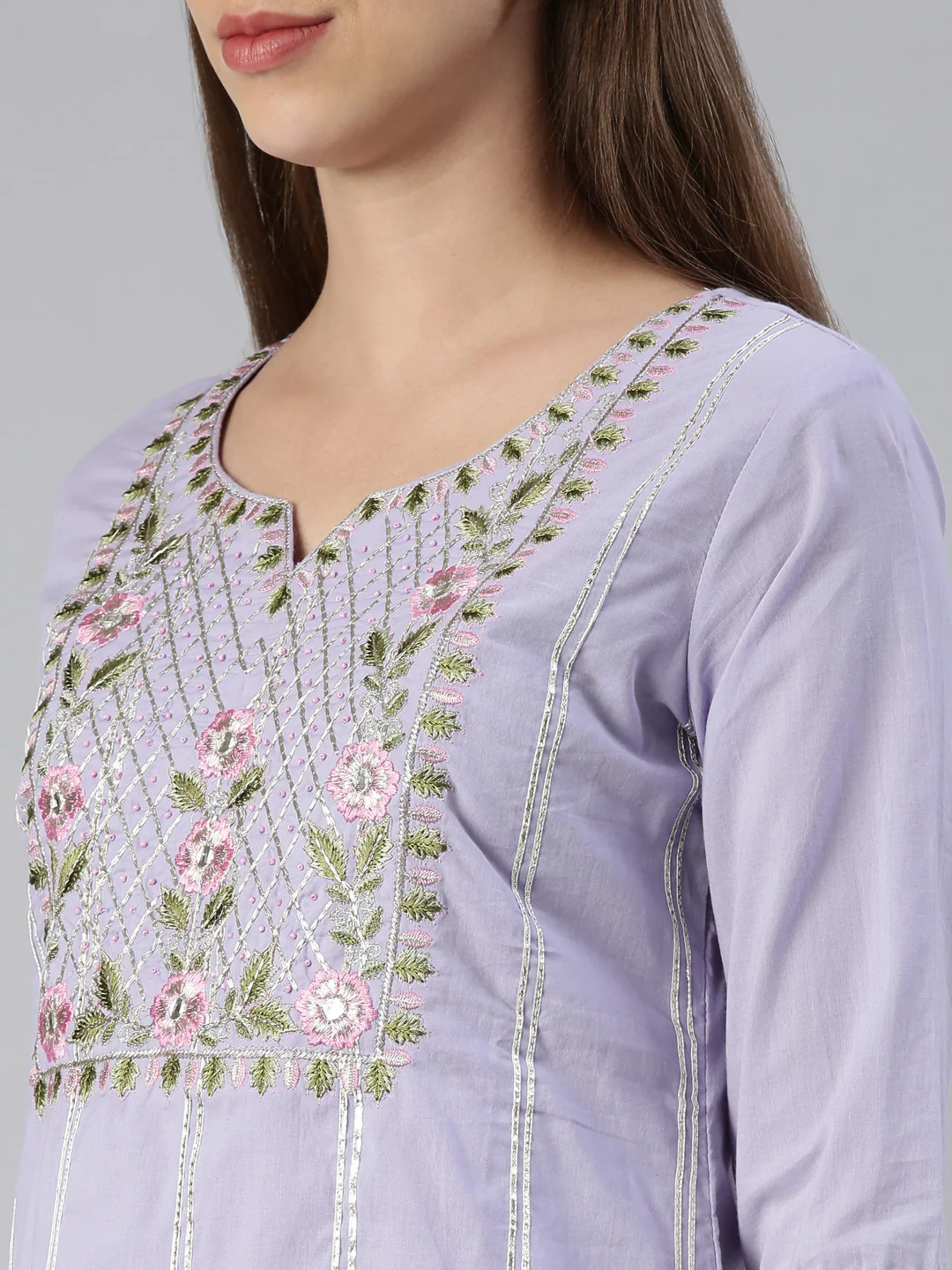 Neerus Women Lavender Yoke Design Calf Length Kurta And Trousers With Dupatta - Image 4