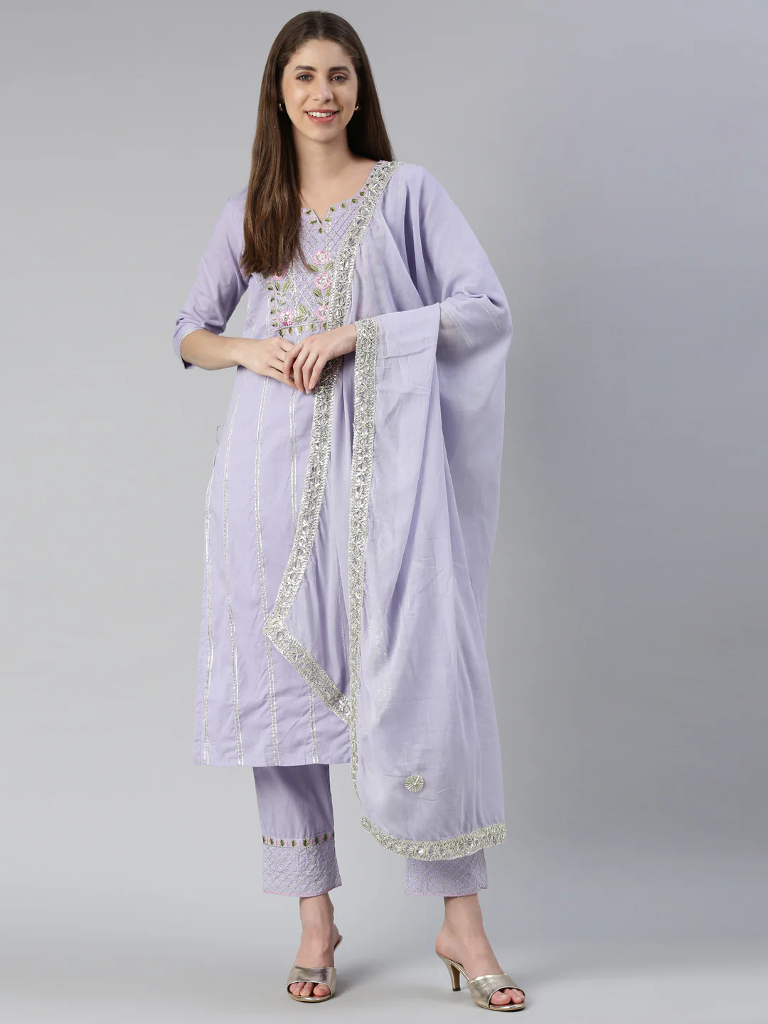 Neerus Women Lavender Yoke Design Calf Length Kurta And Trousers With Dupatta - Image 5