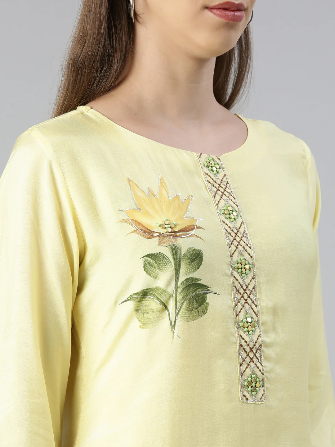 Neerus Women Lemon Printed Calf Length Kurta And Trousers With Dupatta - Image 4