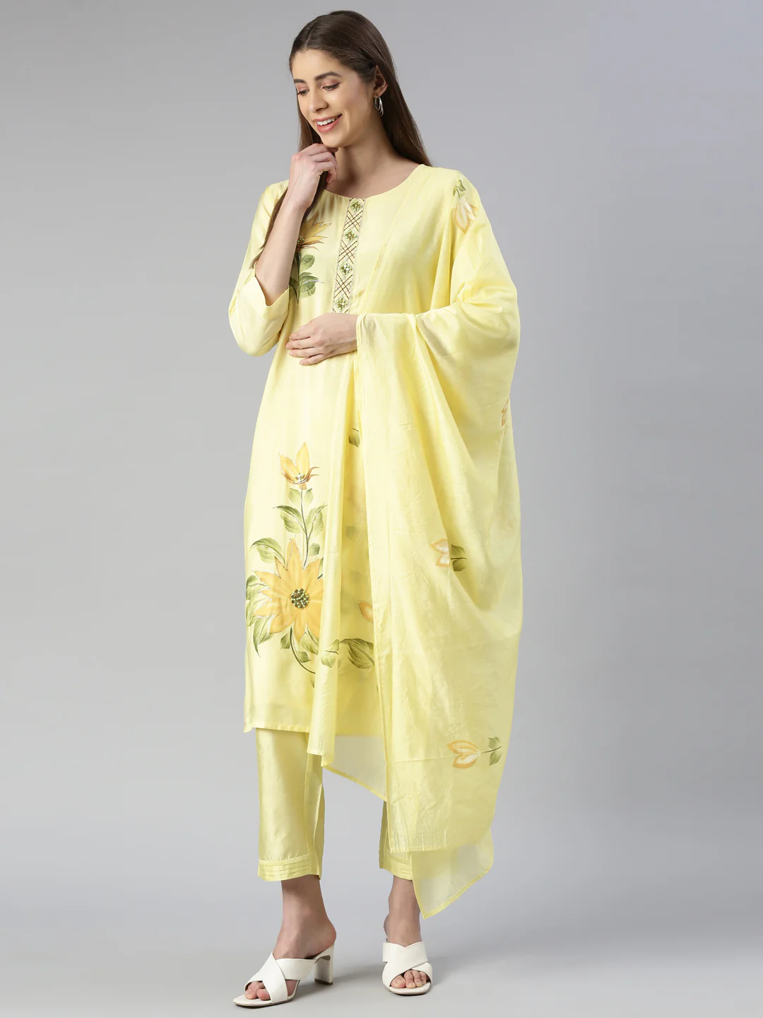Neerus Women Lemon Printed Calf Length Kurta And Trousers With Dupatta - Image 5