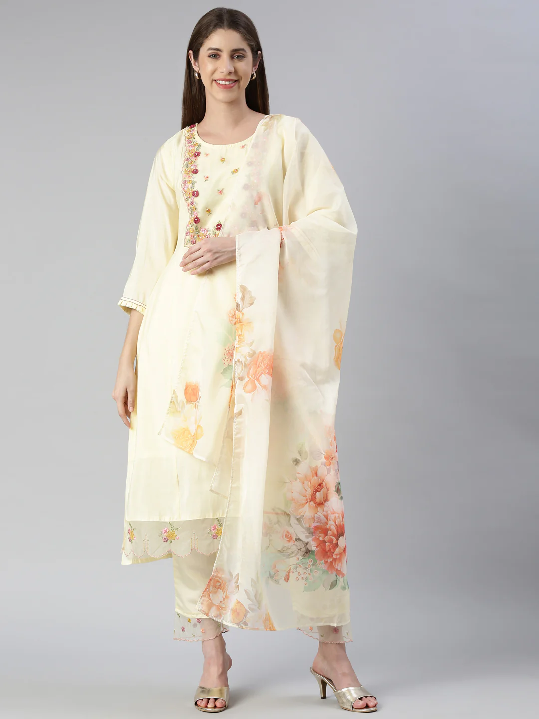 Neerus Women Lemon Yoke Design Calf Length Kurta And Trousers With Dupatta