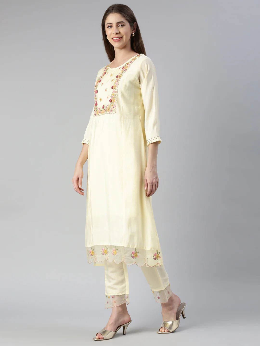 Neerus Women Lemon Yoke Design Calf Length Kurta And Trousers With Dupatta - Image 2