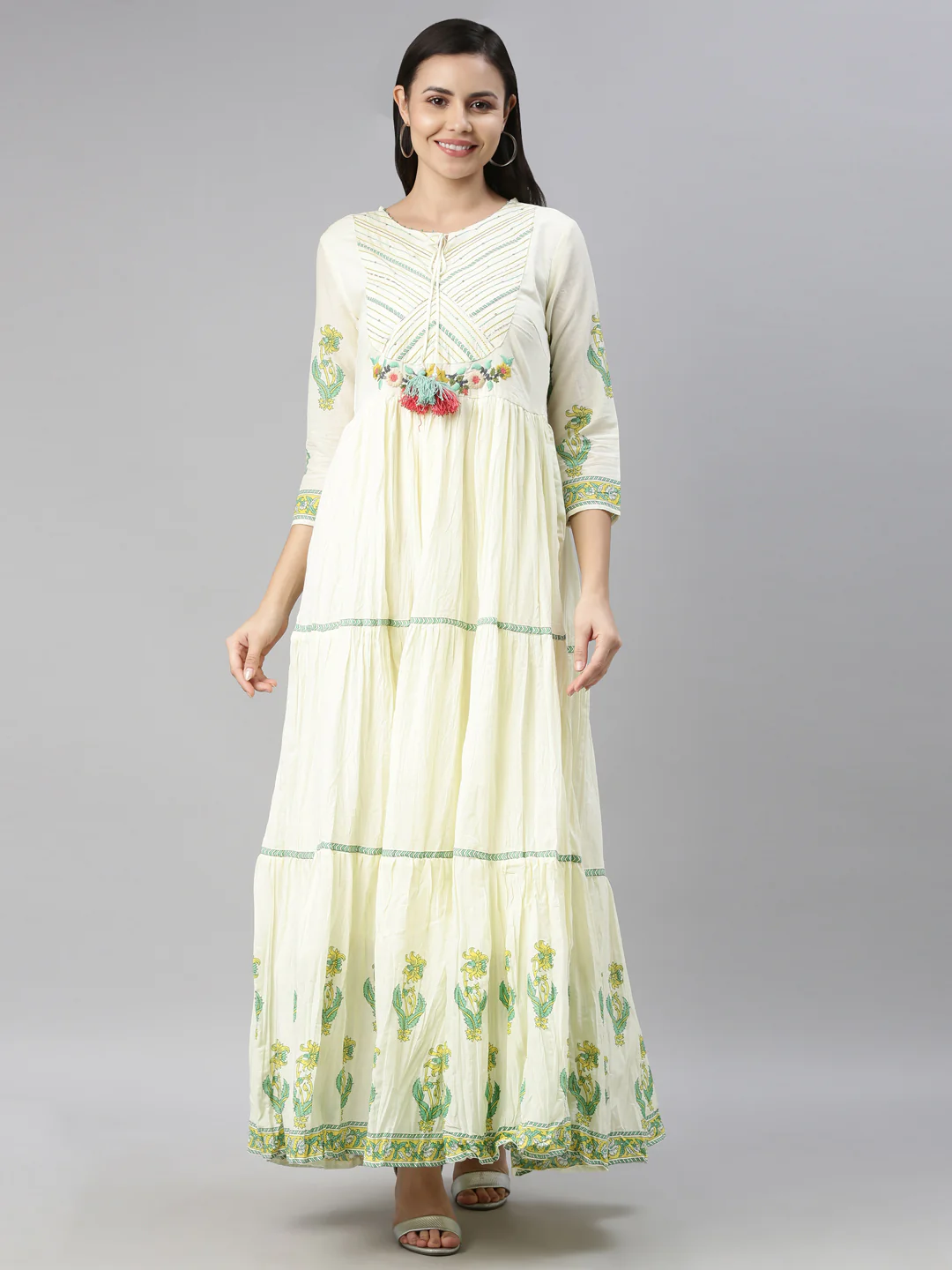 Neerus Women Lime Green Cream-Coloured Floral Embroidered Thread Work Anarkali Kurta