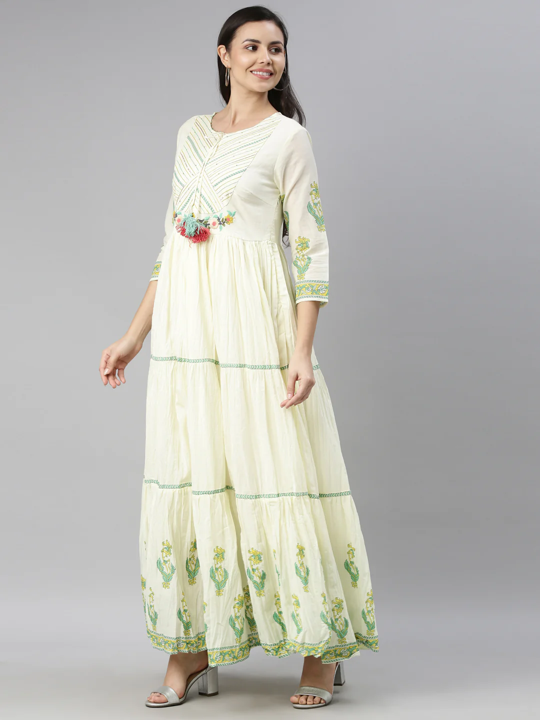 Neerus Women Lime Green Cream-Coloured Floral Embroidered Thread Work Anarkali Kurta - Image 2