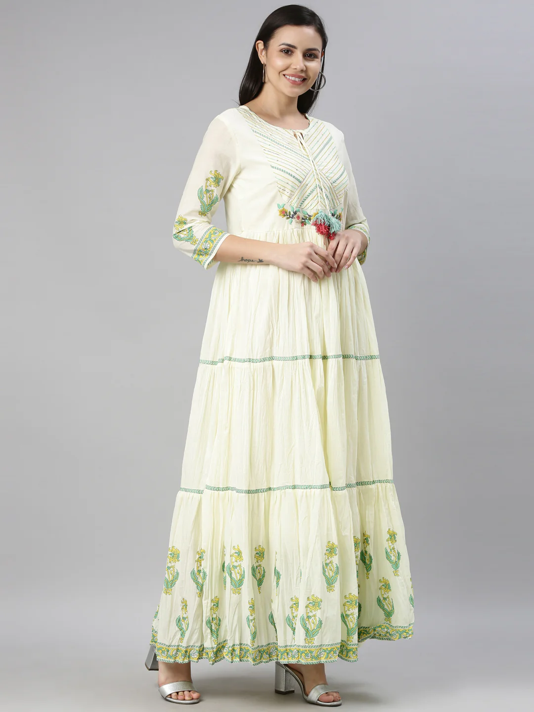 Neerus Women Lime Green Cream-Coloured Floral Embroidered Thread Work Anarkali Kurta - Image 3