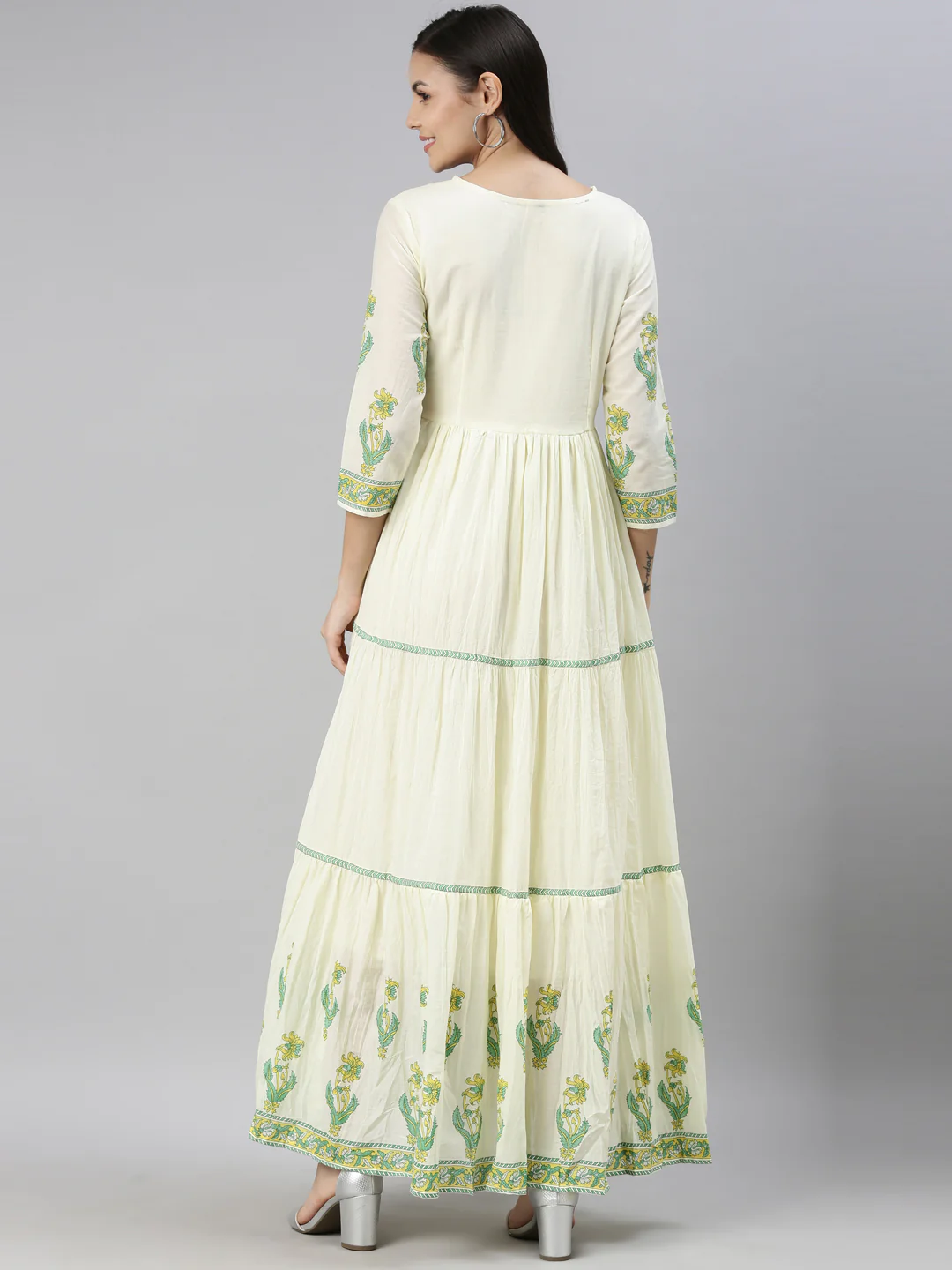 Neerus Women Lime Green Cream-Coloured Floral Embroidered Thread Work Anarkali Kurta - Image 4