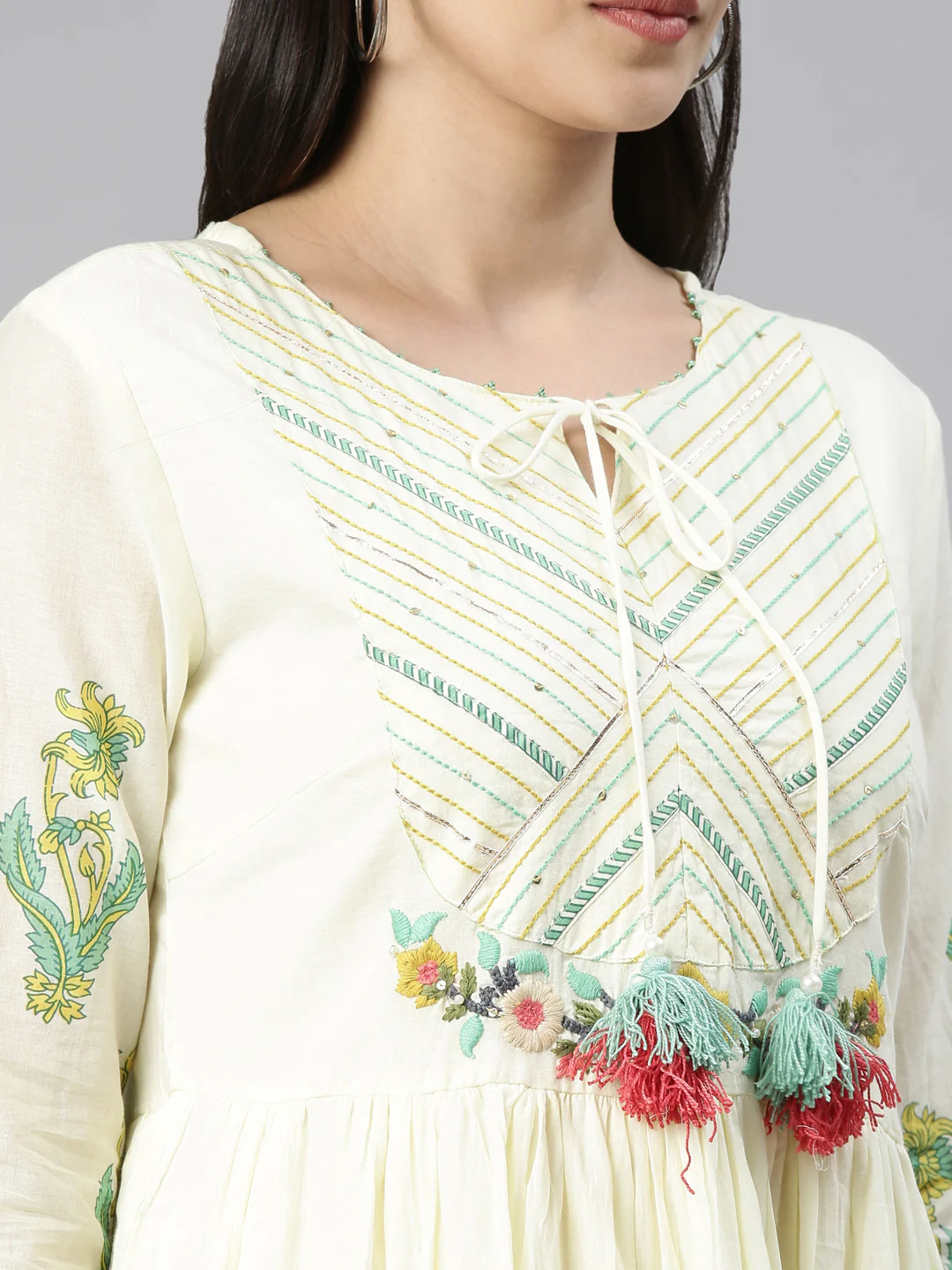 Neerus Women Lime Green Cream-Coloured Floral Embroidered Thread Work Anarkali Kurta - Image 5