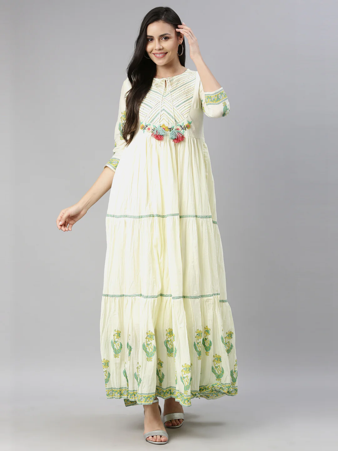 Neerus Women Lime Green Cream-Coloured Floral Embroidered Thread Work Anarkali Kurta - Image 6