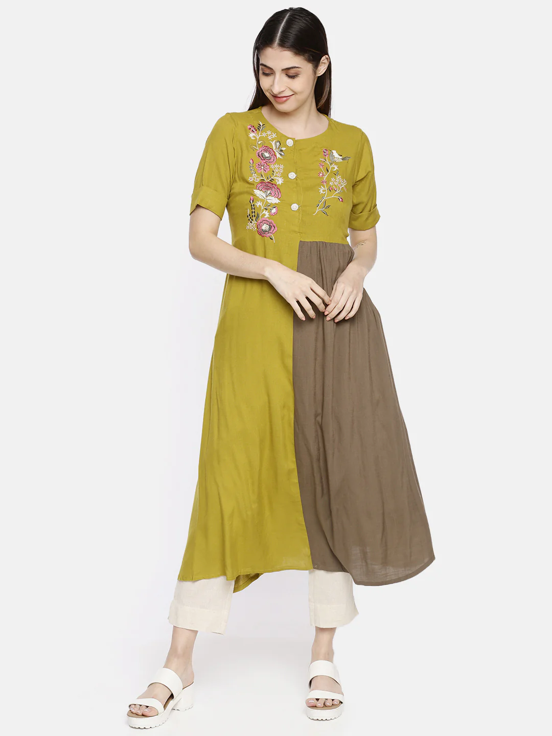 Neerus Women Lime Green Grey Floral Embroidered A-Line Kurta