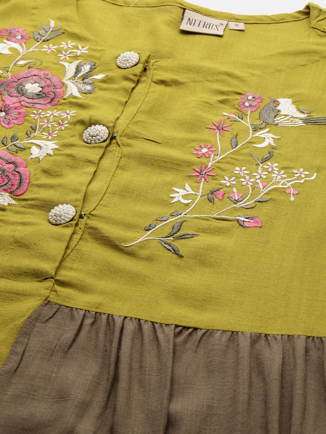 Neerus Women Lime Green Grey Floral Embroidered A-Line Kurta - Image 2